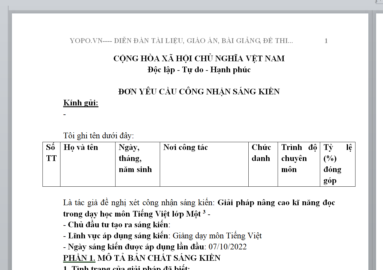 Giải pháp nâng cao kĩ năng đọc trong dạy học môn Tiếng Việt lớp 1 NĂM 2023 - 2024