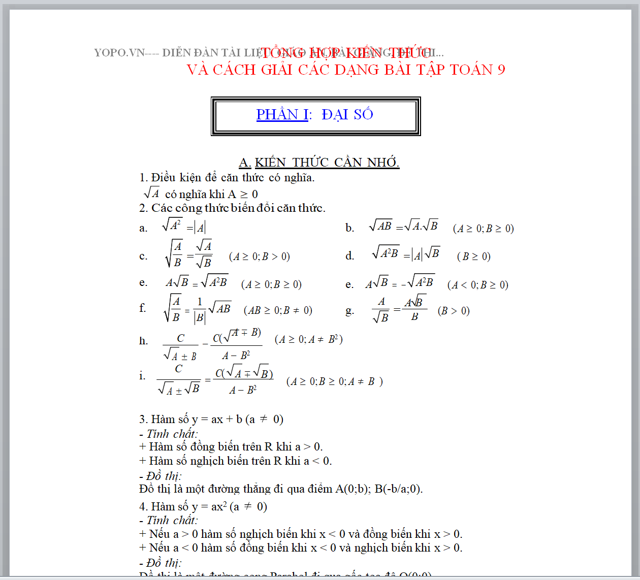 TÀI LIỆU Tổng hợp các kiến thức toán lớp 9 - các dạng bài tập toán 9 học kì 1, HỌC KÌ 2 CÓ ĐÁP ÁN