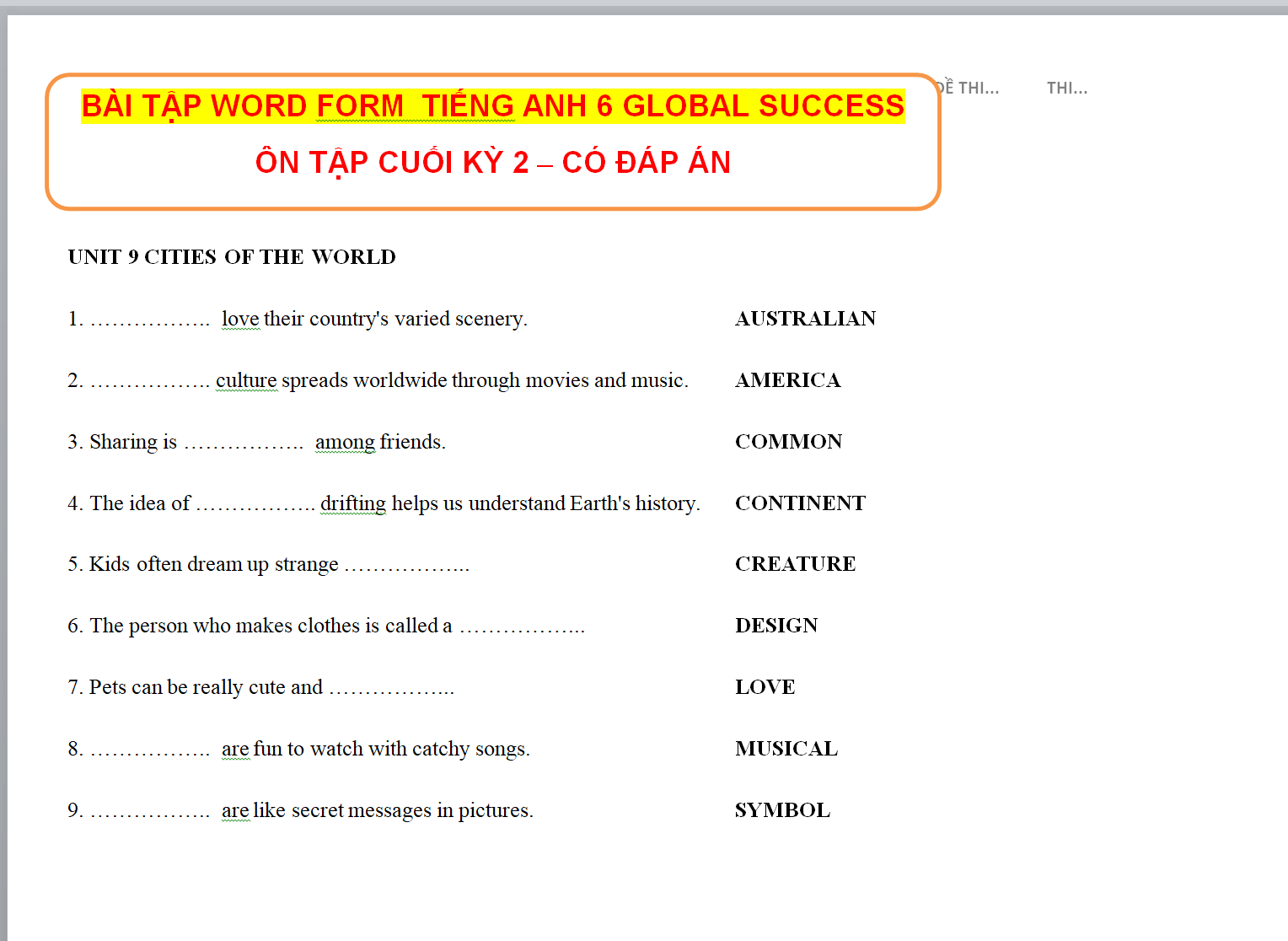 BỘ Bài tập word form tiếng anh lớp 6 : BÀI TẬP WORD FORM ÔN TẬP CUỐI HỌC KÌ 2 TIẾNG ANH 6 GLOBAL NĂM 2024