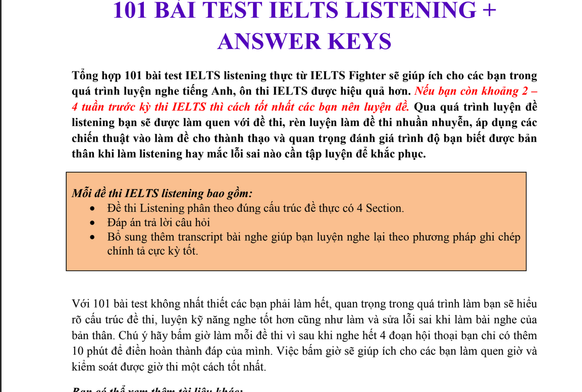 Bộ đề luyện Listening IELTS, bài test ielts listening: 📚 Ebook 101 Bài Test IELTS listening