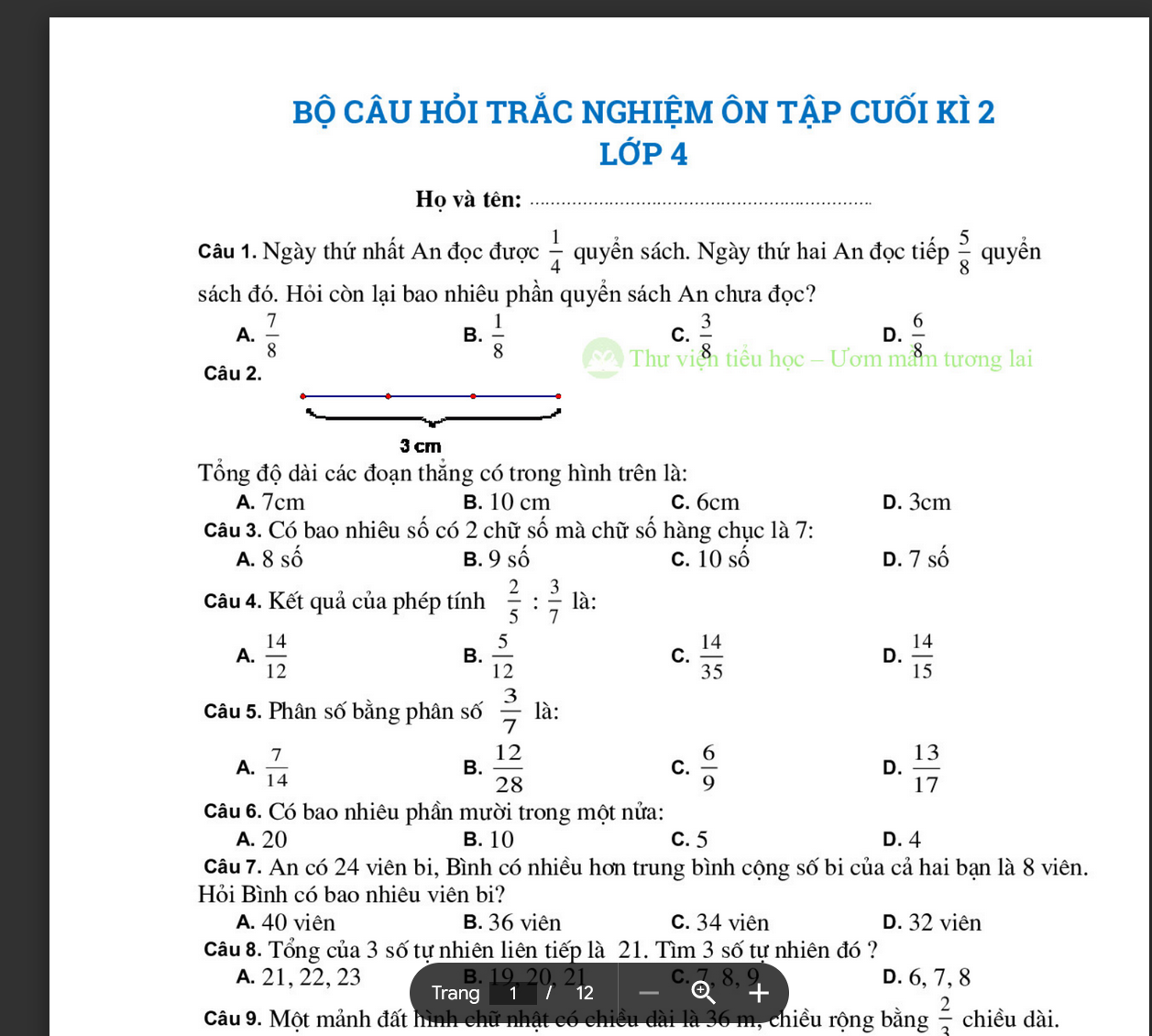 🔺️Ôn tập toán 4 học kì 2 VỚI 140 CÂU TRẮC NGHIỆM CUỐI KÌ 2 TOÁN LỚP 4 (có đáp án) LINK DRIVE