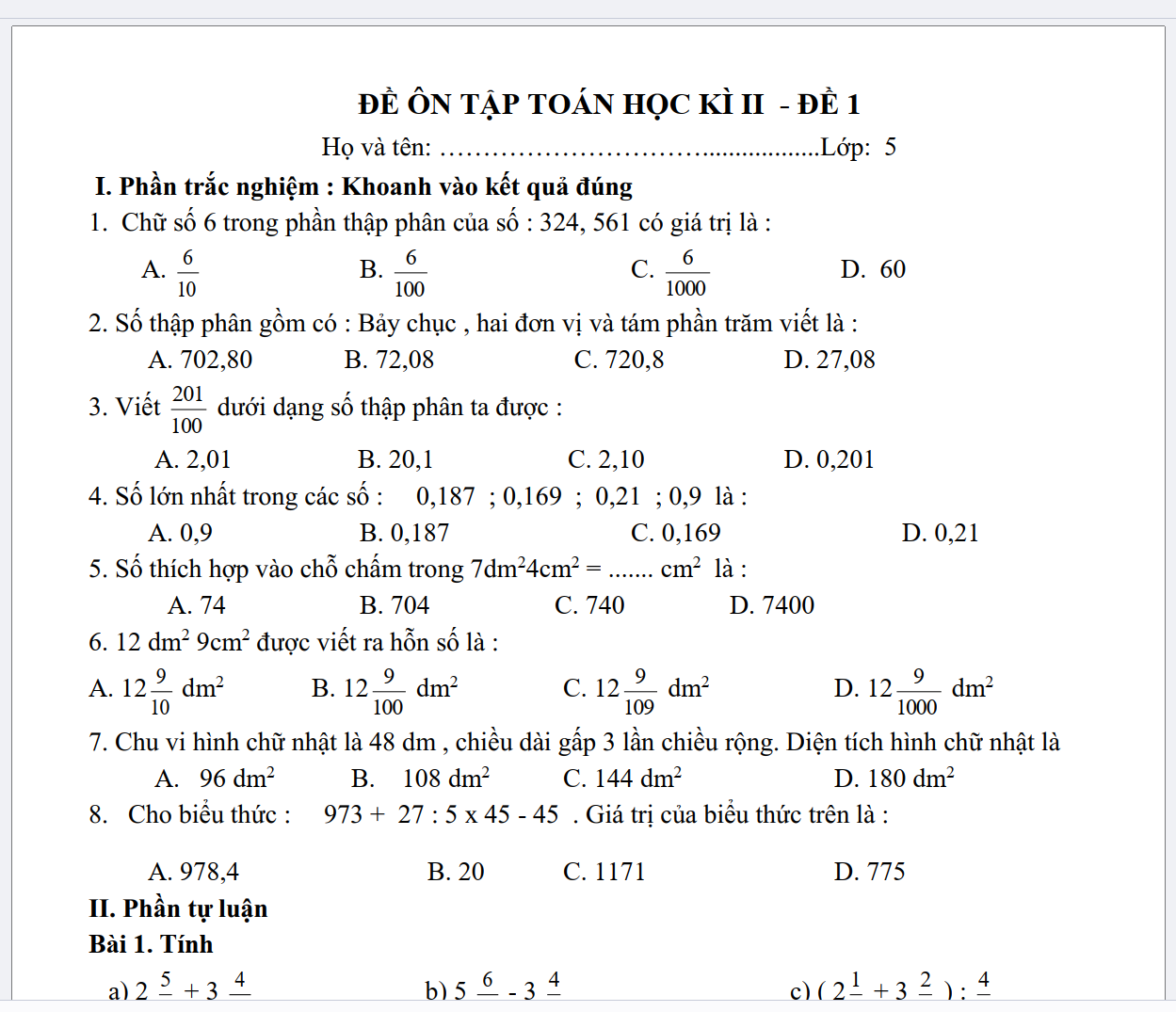 15 Đề ôn tập học kì 2 môn toán lớp 5 NĂM 2023-2024 PDF LINK DRIVE