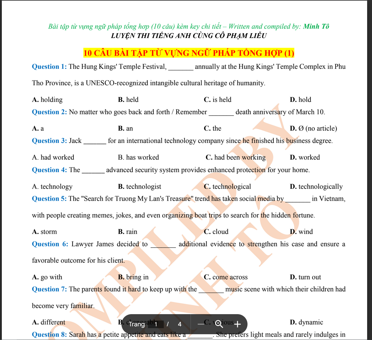 10 CÂU Bài tập tổng hợp ngữ pháp tiếng anh lớp 12 PDF LINK DRIVE