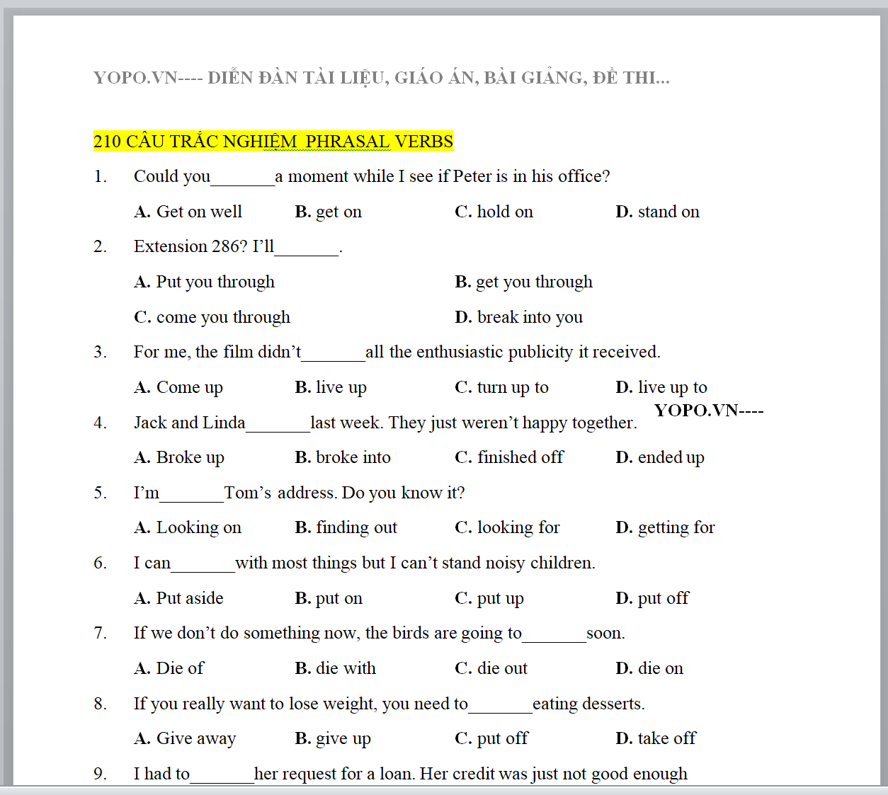 BỘ TÀI LIỆU 210 câu trắc nghiệm phrasal verb, bài tập trắc nghiệm phrasal verbs có đáp án UPDATE