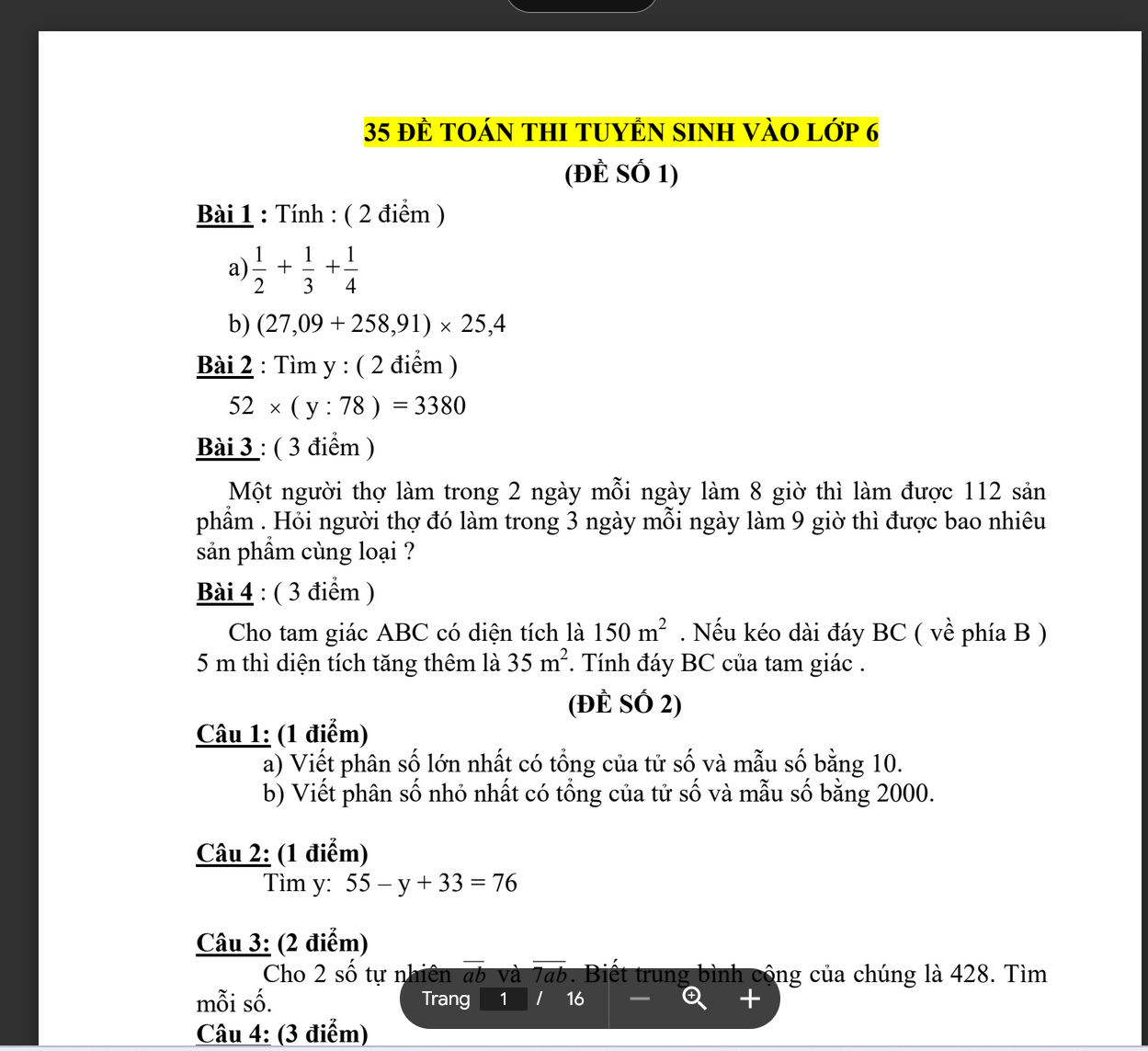 TÀI LIỆU 35 đề ôn luyện thi vào lớp 6 môn toán có đáp án LINK DRIVE