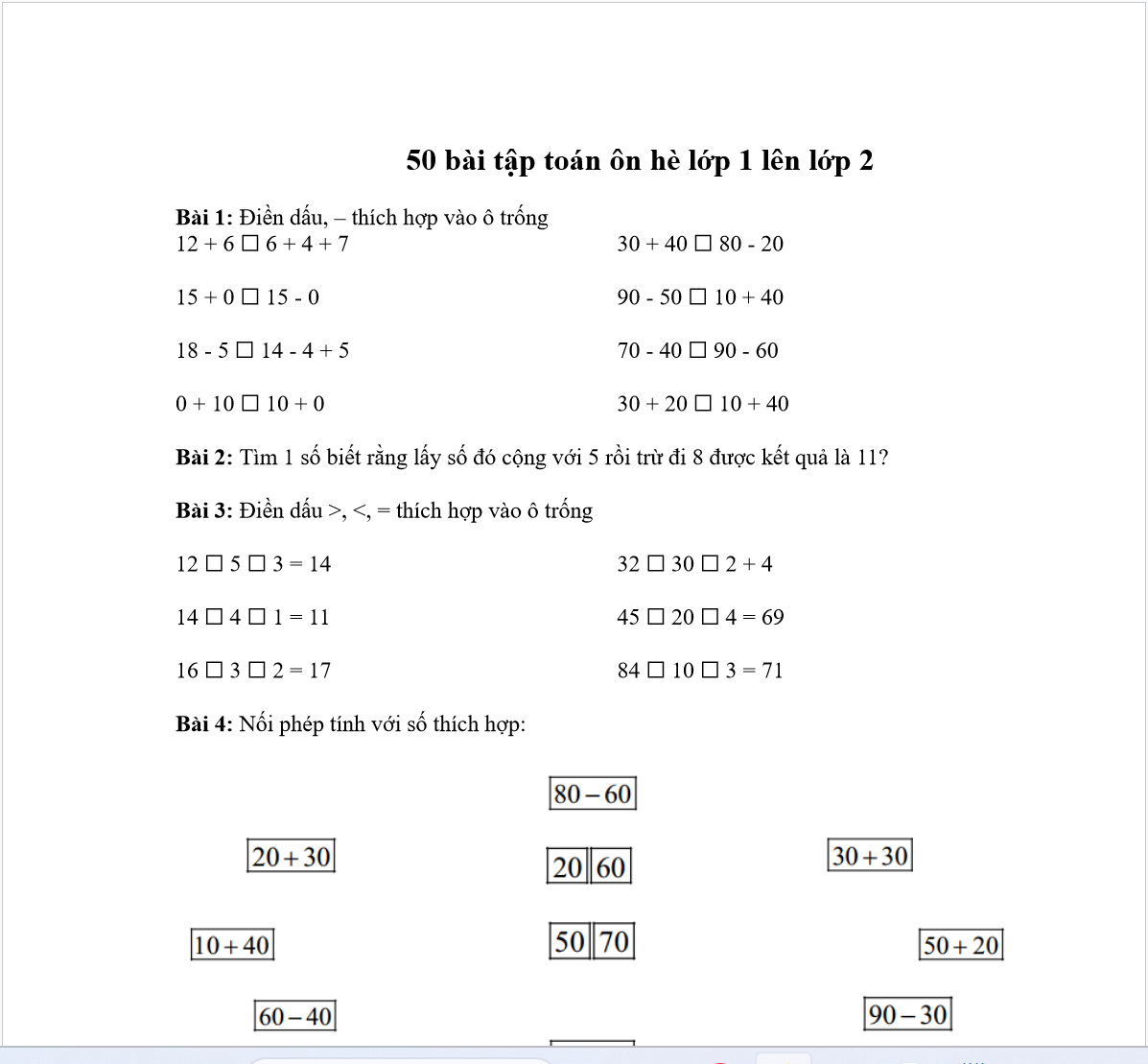 BỘ 50 Bài tập toán ôn hè lớp 1 lên lớp 2 CÓ ĐÁP ÁN LINK DRIVE