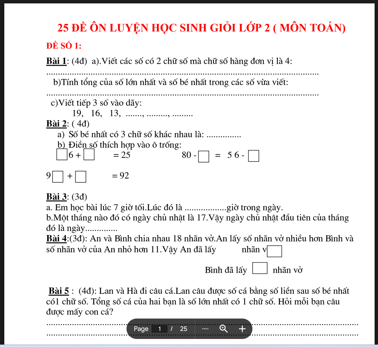 TÀI LIỆU 25 Đề thi học sinh giỏi lớp 2 môn toán có đáp án LINK DRIVE