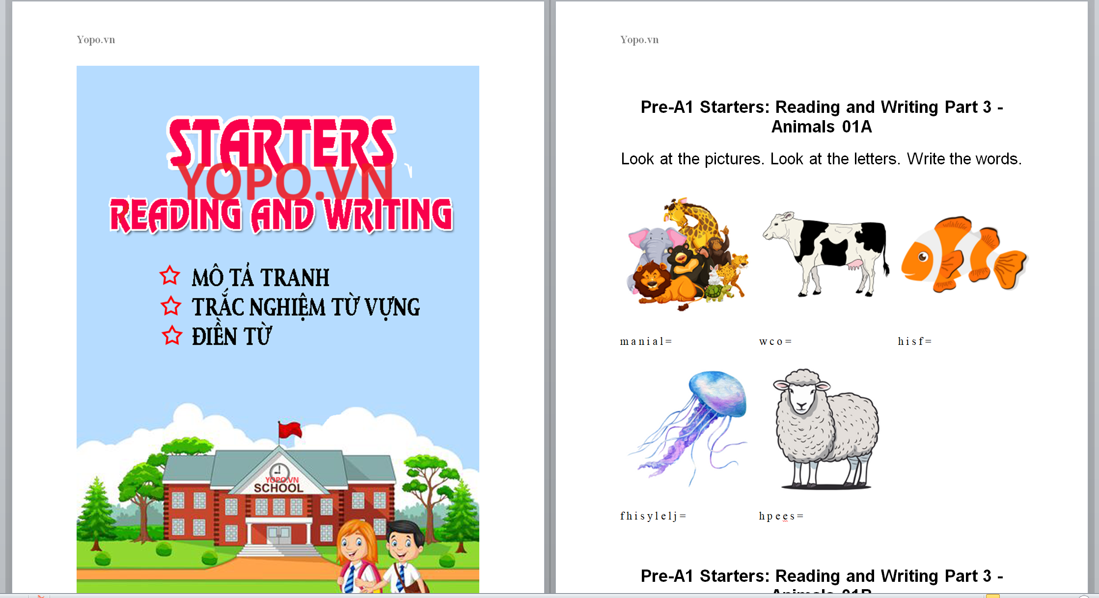 Bài tập trắc nghiệm tiếng anh 5: STARTERS READING AND WRITING Pre A1 reading (MÔ TẢ TRANH, TRẮC NGHIỆM TỪ VỰNG, ĐIỀN TỪ)