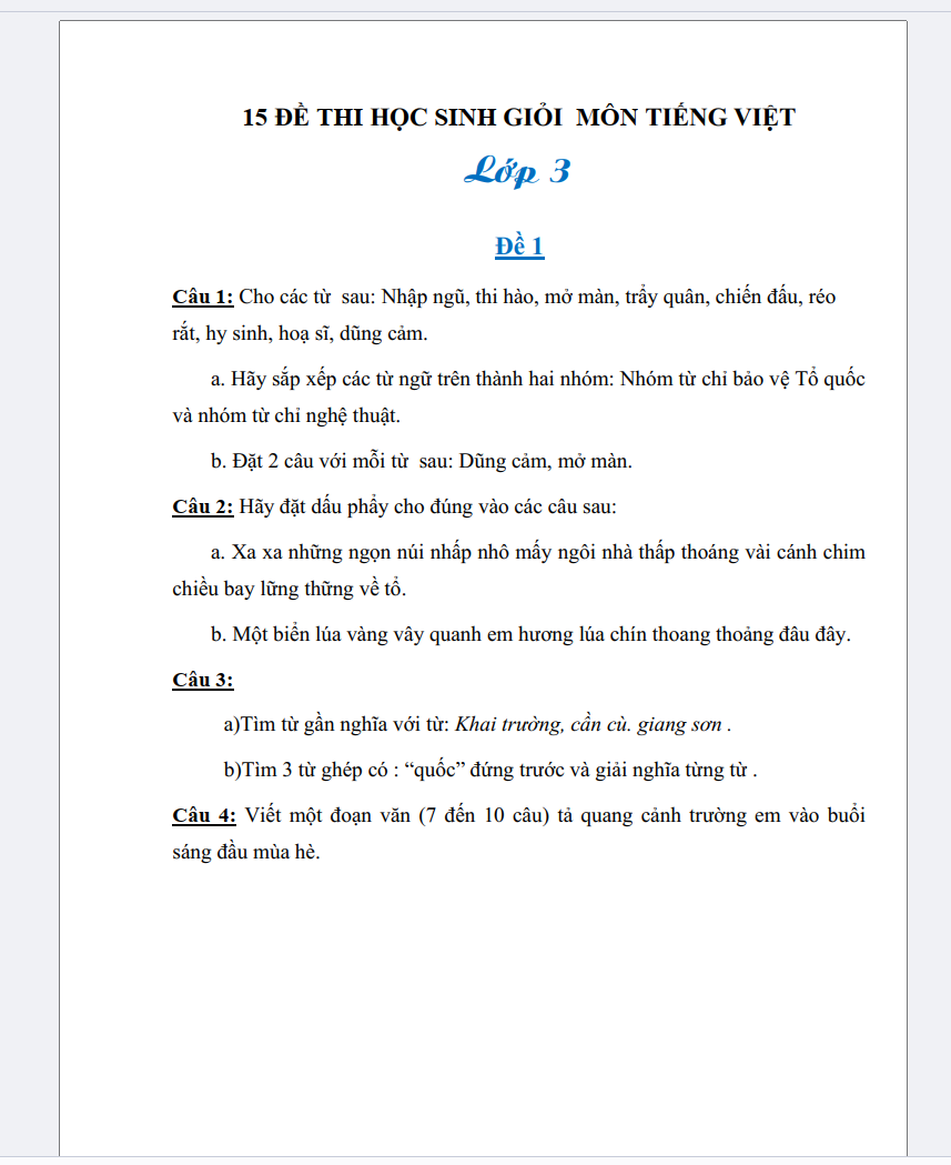 BỘ 15 de thi học sinh giỏi lớp 3 môn tiếng việt LINK DRIVE