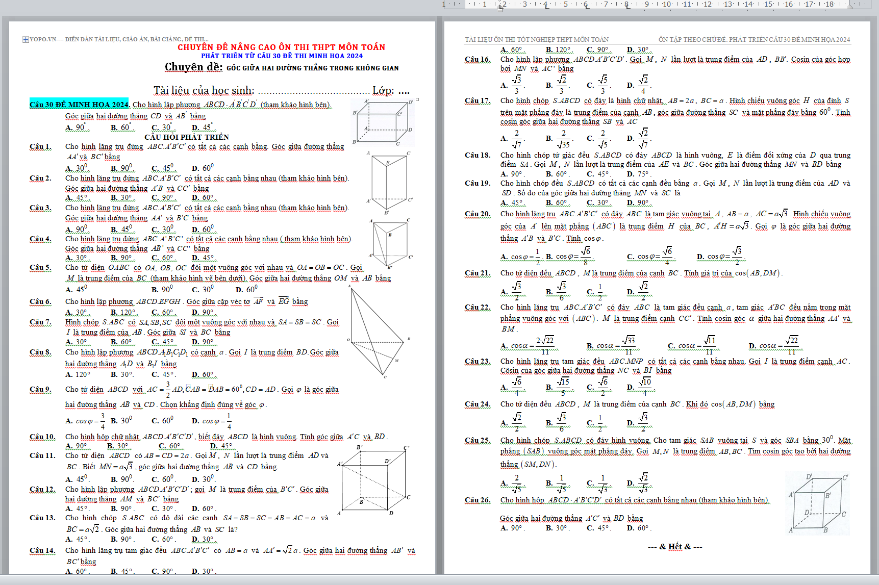 CHUYÊN ĐÊ NÂNG CAO ÔN THI THPT MÔN TOÁN PHÁT TRIỂN TỪ CÂU 30 ĐỀ THI MINH HỌA 2024 Chuyên đề: GÓC GIỮA HAI ĐƯỜNG THẲNG TRONG KHÔNG GIAN