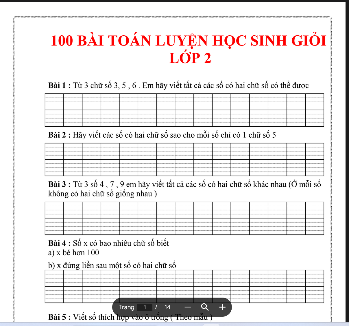 100 Bài toán dành cho học sinh giỏi lớp 2 LINK DRIVE