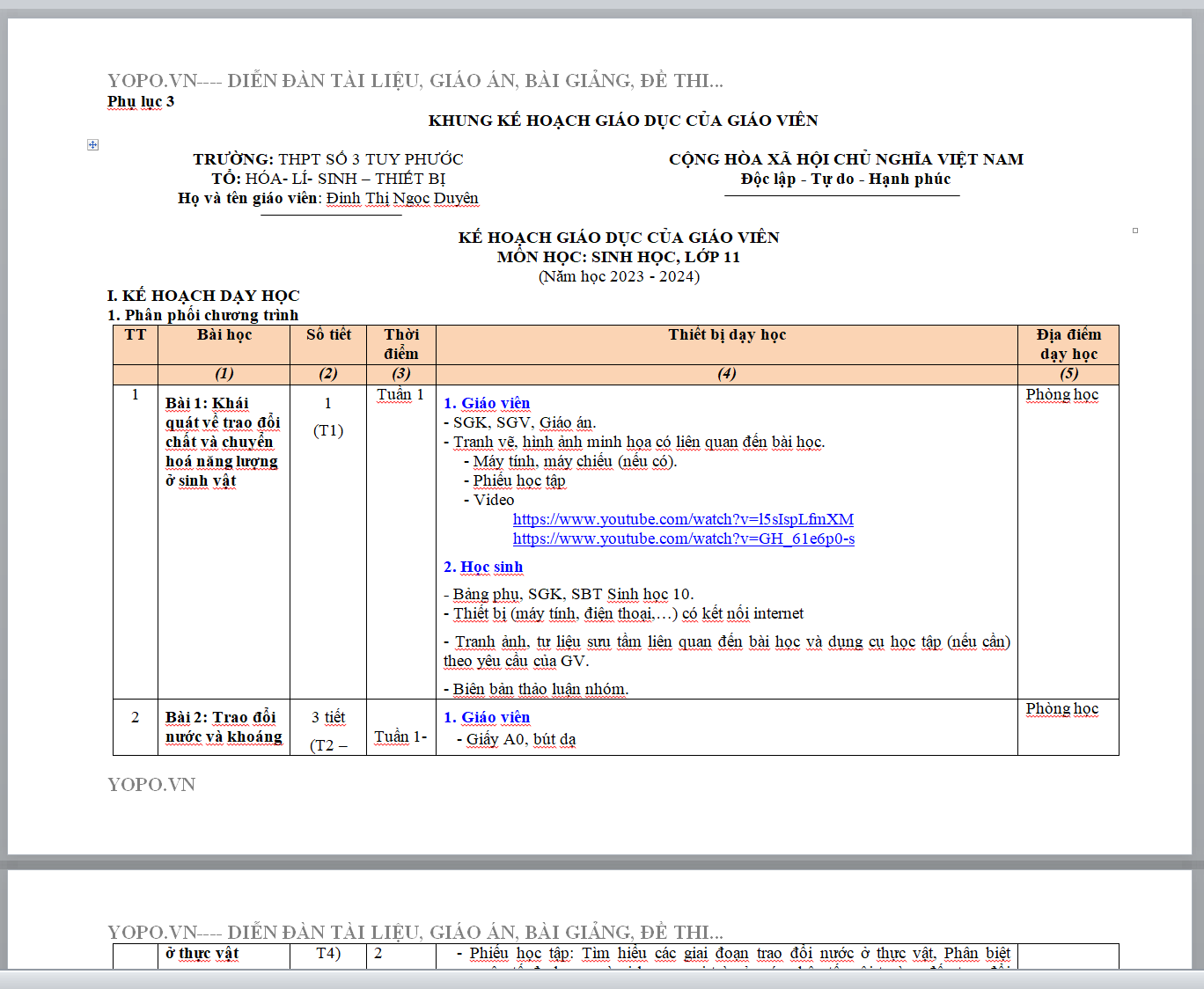 PHỤ LỤC 3 KẾ HOẠCH GIÁO DỤC CỦA GIÁO VIÊN MÔN SINH HỌC LỚP 11 (Năm 2023 - 2024)