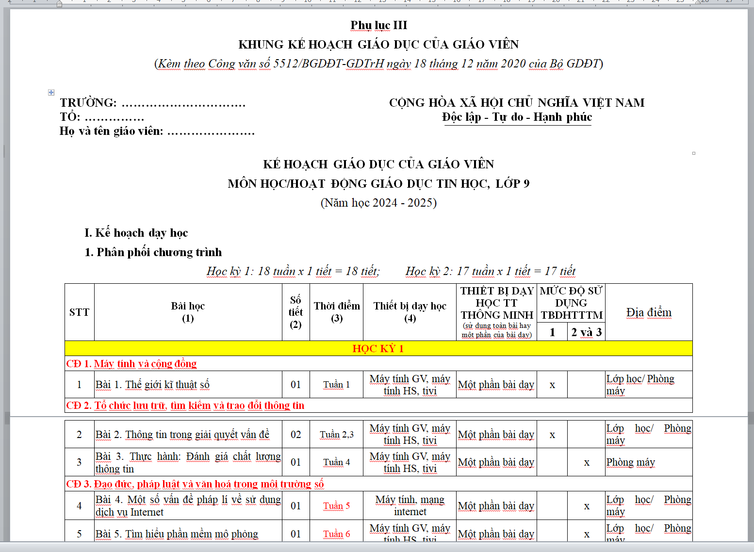 PHỤ LỤC 3 KẾ HOẠCH GIÁO DỤC CỦA GIÁO VIÊN MÔN HỌC/HOẠT ĐỘNG GIÁO DỤC TIN HỌC, LỚP 9 (Năm 2024 - 2025)