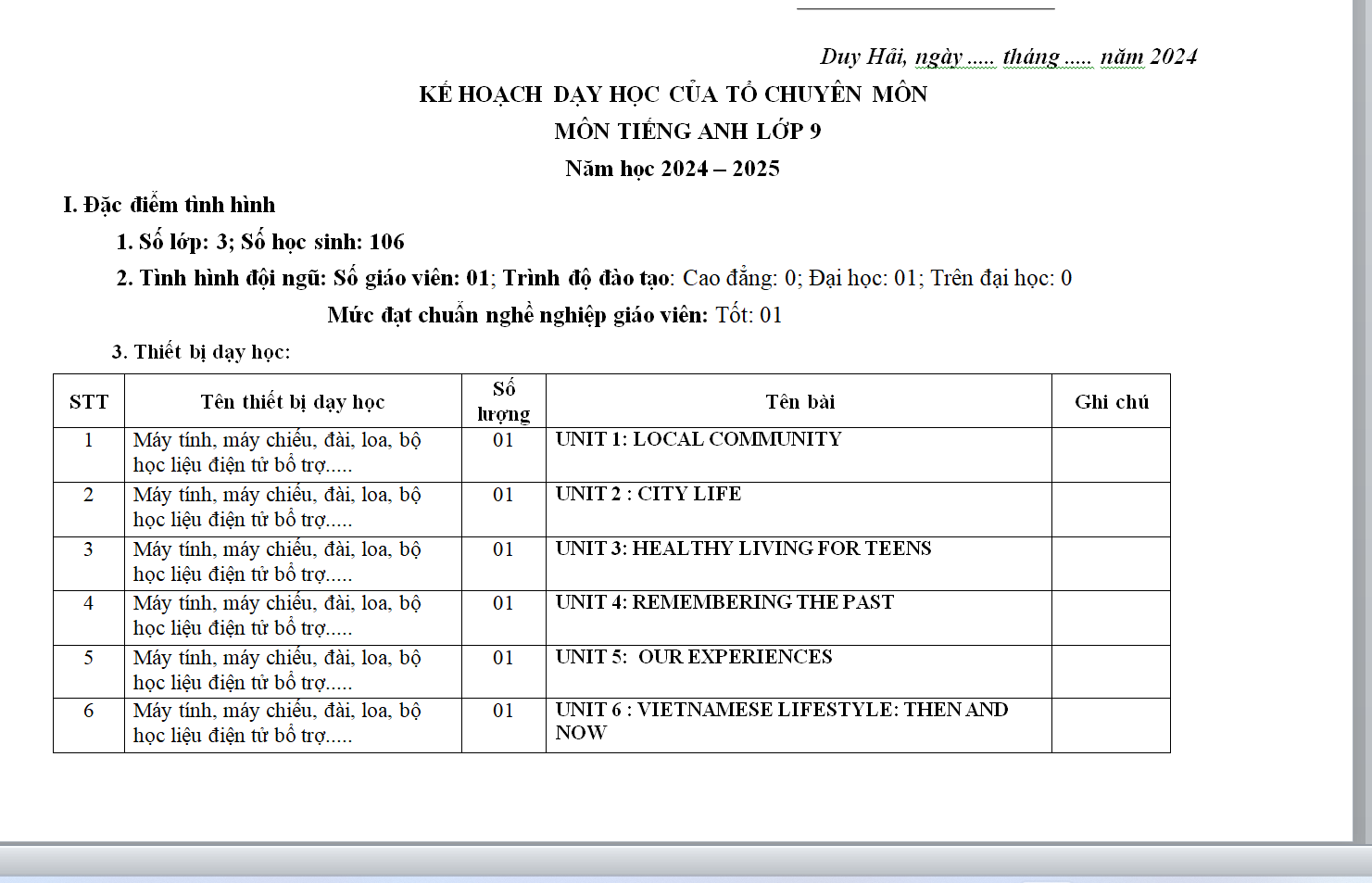 PHỤ LỤC 1 KẾ HOẠCH DẠY HỌC CỦA TỔ CHUYÊN MÔN MÔN TIẾNG ANH LỚP 9 Năm 2024 – 2025
