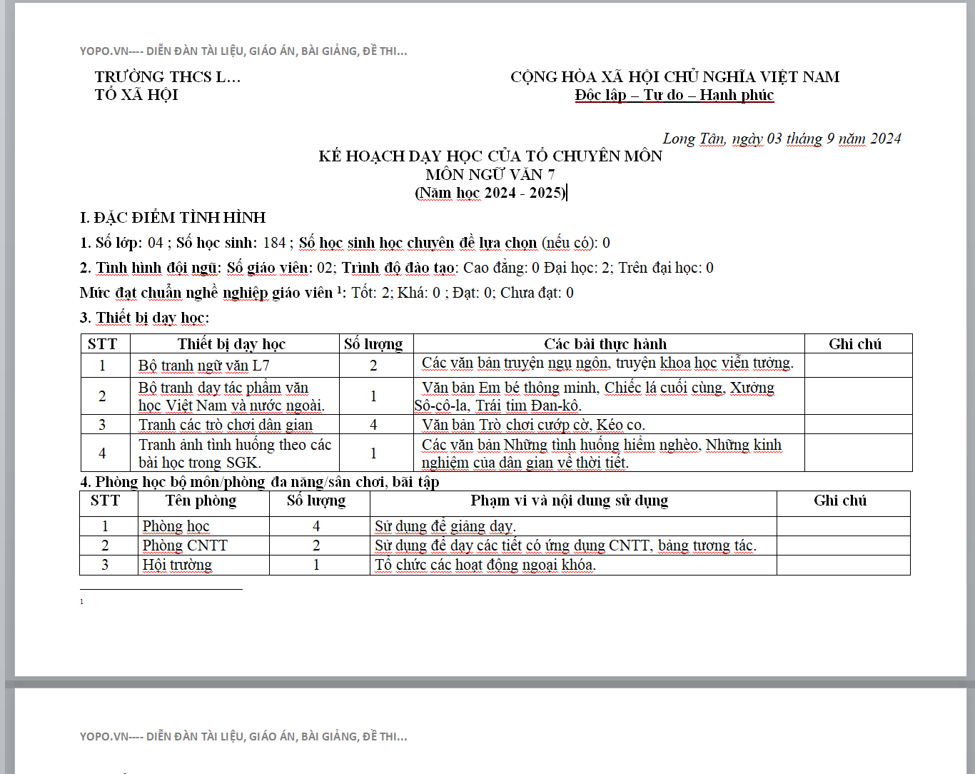 PHỤ LỤC 1,2,3 KẾ HOẠCH DẠY HỌC CỦA TỔ CHUYÊN MÔN MÔN NGỮ VĂN 7 (Năm học 2024 - 2025)