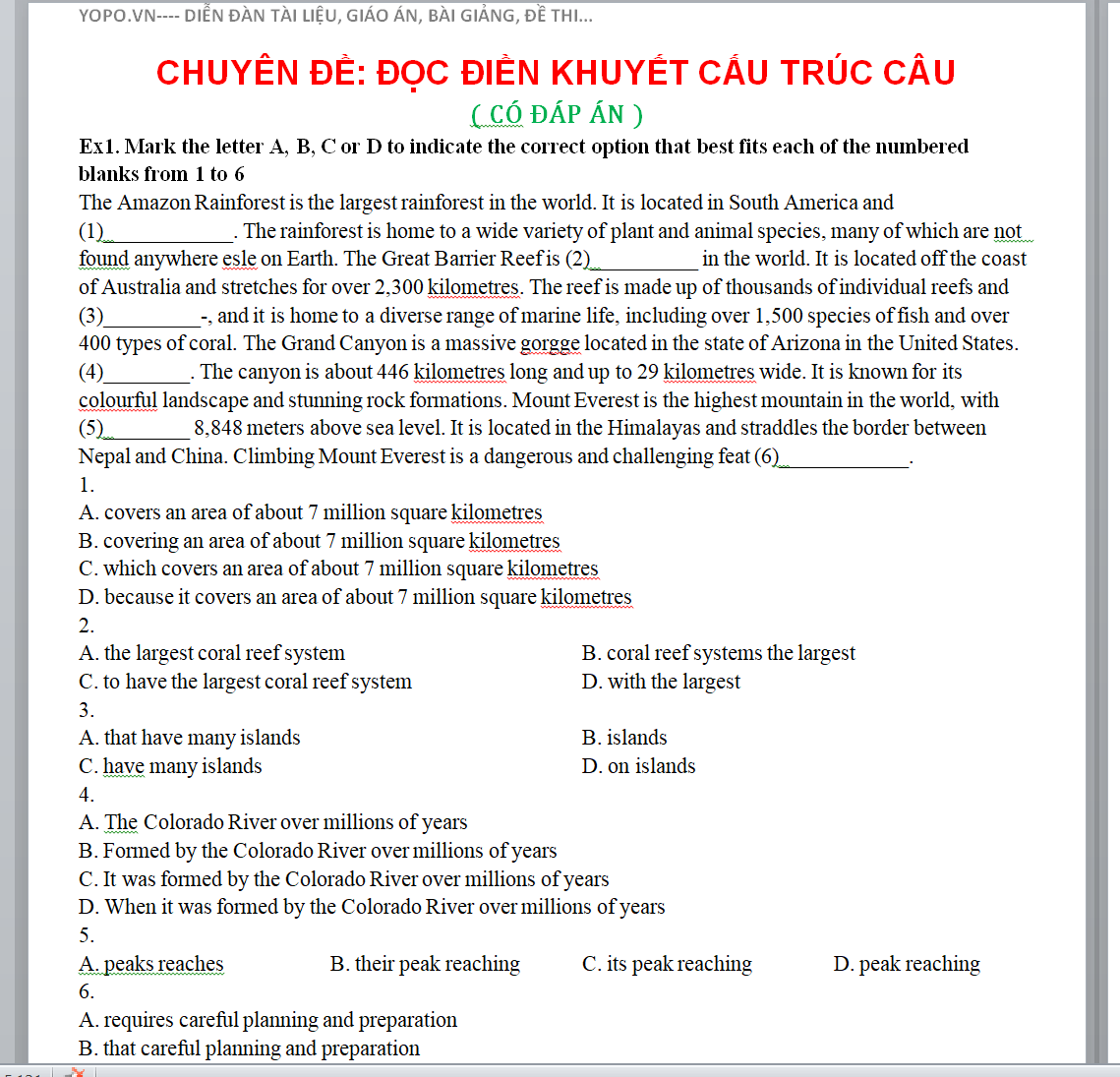 CHUYÊN ĐỀ BỒI DƯỠNG TIẾNG ANH LỚP 12 : ĐỌC ĐIỀN KHUYẾT CẤU TRÚC CÂU( CÓ ĐÁP ÁN )