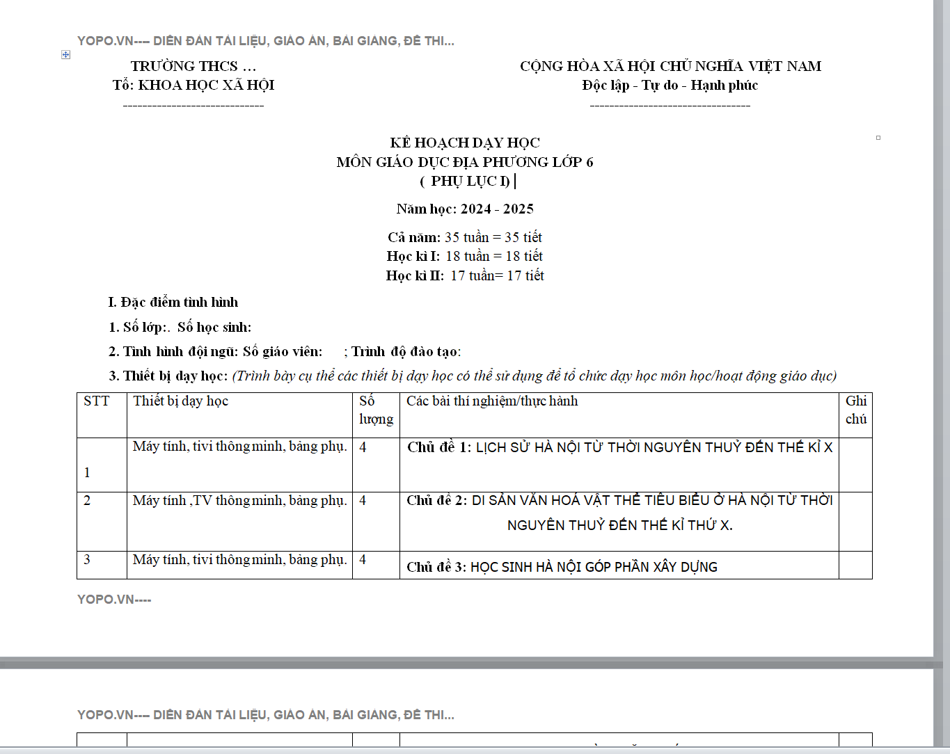 ( PHỤ LỤC I) KẾ HOẠCH DẠY HỌC MÔN GIÁO DỤC ĐỊA PHƯƠNG LỚP 6 HÀ NỘI Năm học: 2024 - 2025