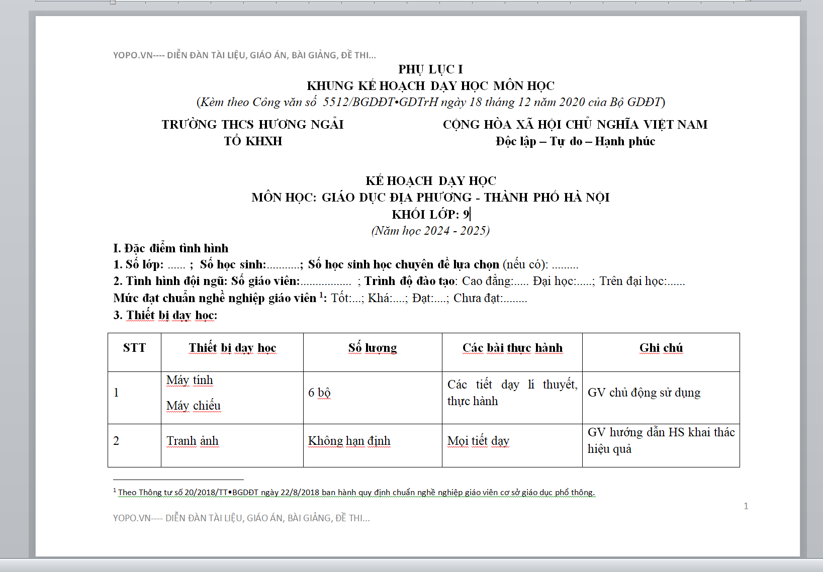 KẾ HOẠCH DẠY HỌC MÔN HỌC: GIÁO DỤC ĐỊA PHƯƠNG - THÀNH PHỐ HÀ NỘI KHỐI LỚP: 9 Năm học 2024 - 2025