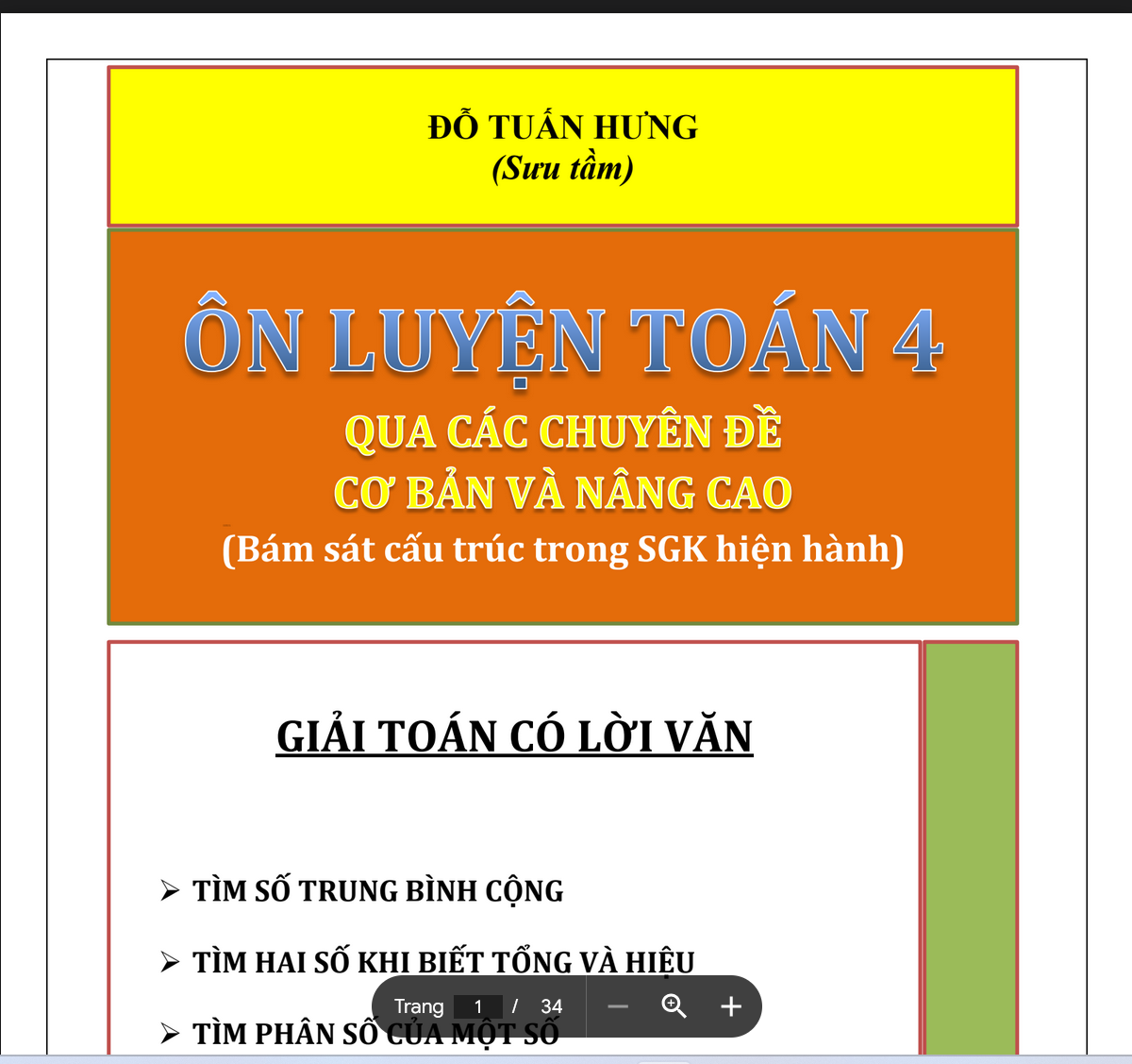 TÀI LIỆU Ôn luyện toán 4 theo chuẩn kiến thức kĩ năng QUA CÁC CHUYÊN ĐỀ CƠ BẢN VÀ NÂNG CAO LINK DRIVE