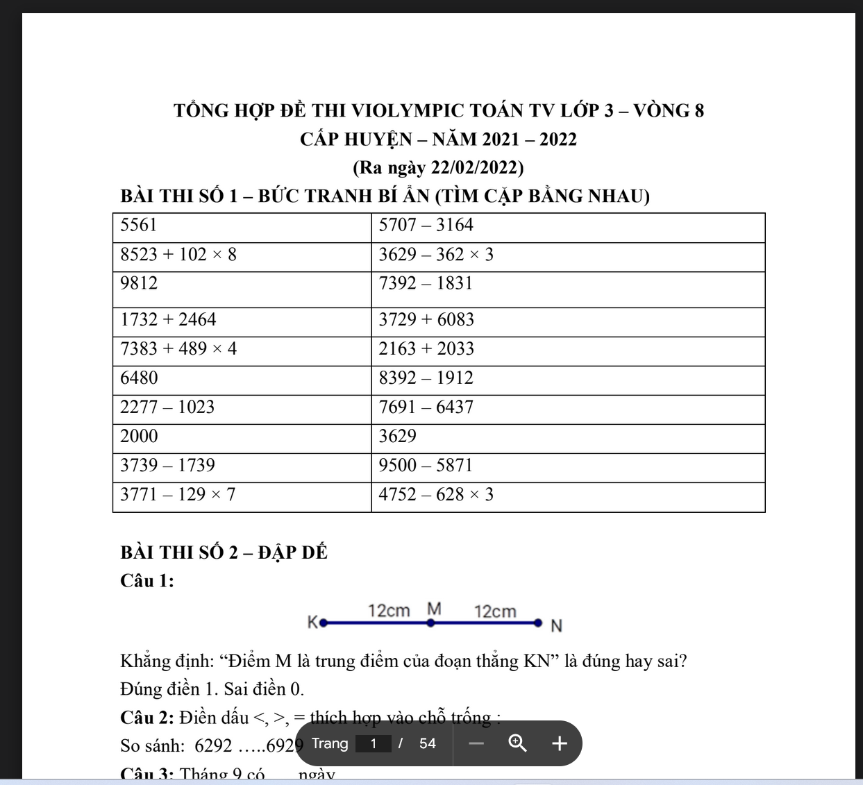 TỔNG HỢP ĐỀ THI VIOLYMPIC TOÁN TV LỚP 3 – VÒNG 8 CẤP HUYỆN – NĂM 2021 – 2022 (Ra ngày 22/02/2022) LINK DRIVE