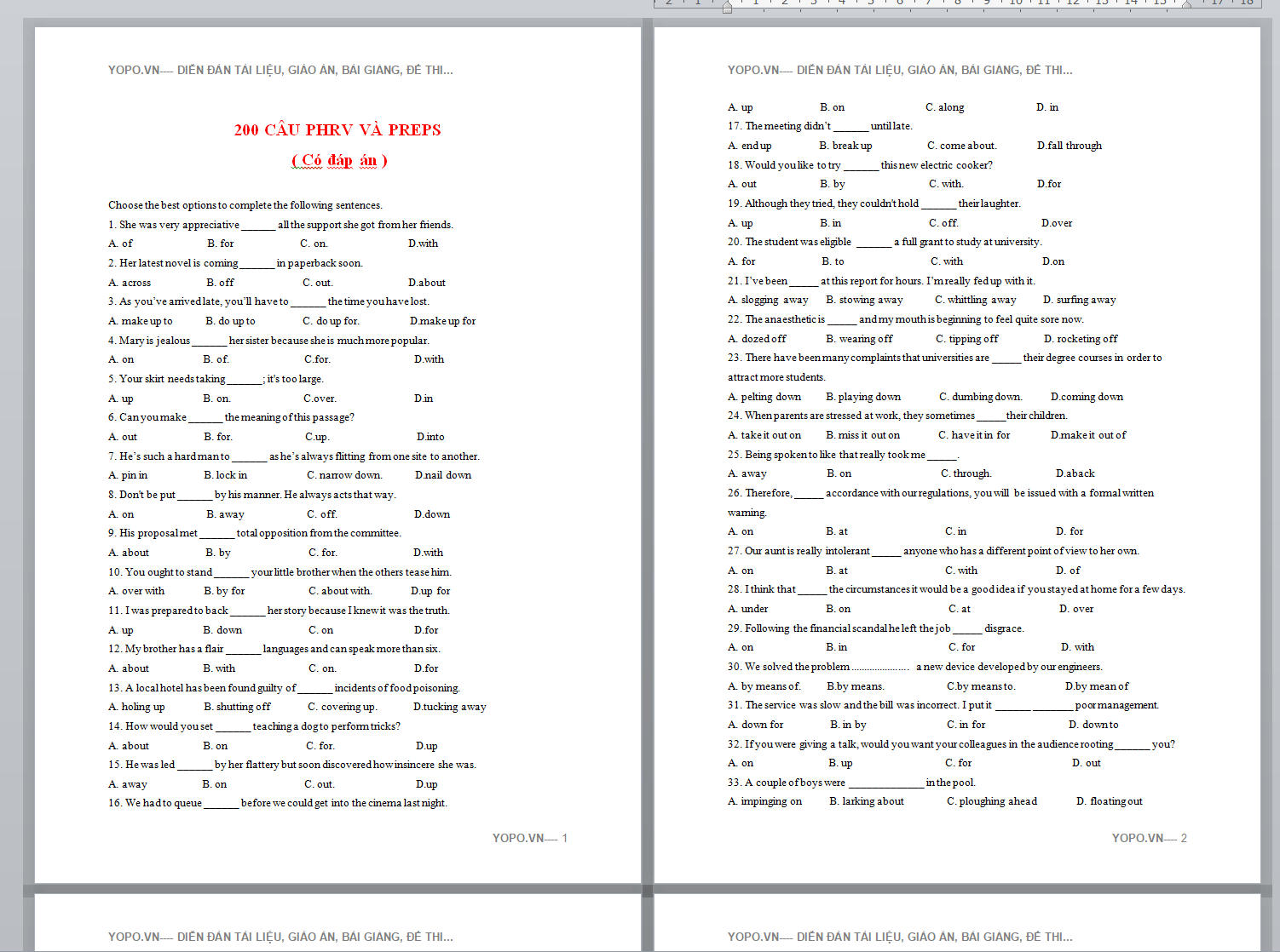 200 câu Phrasal verbs and Preps Part, Bài tập trắc nghiệm phrasal verb lớp 9 CÓ KEY