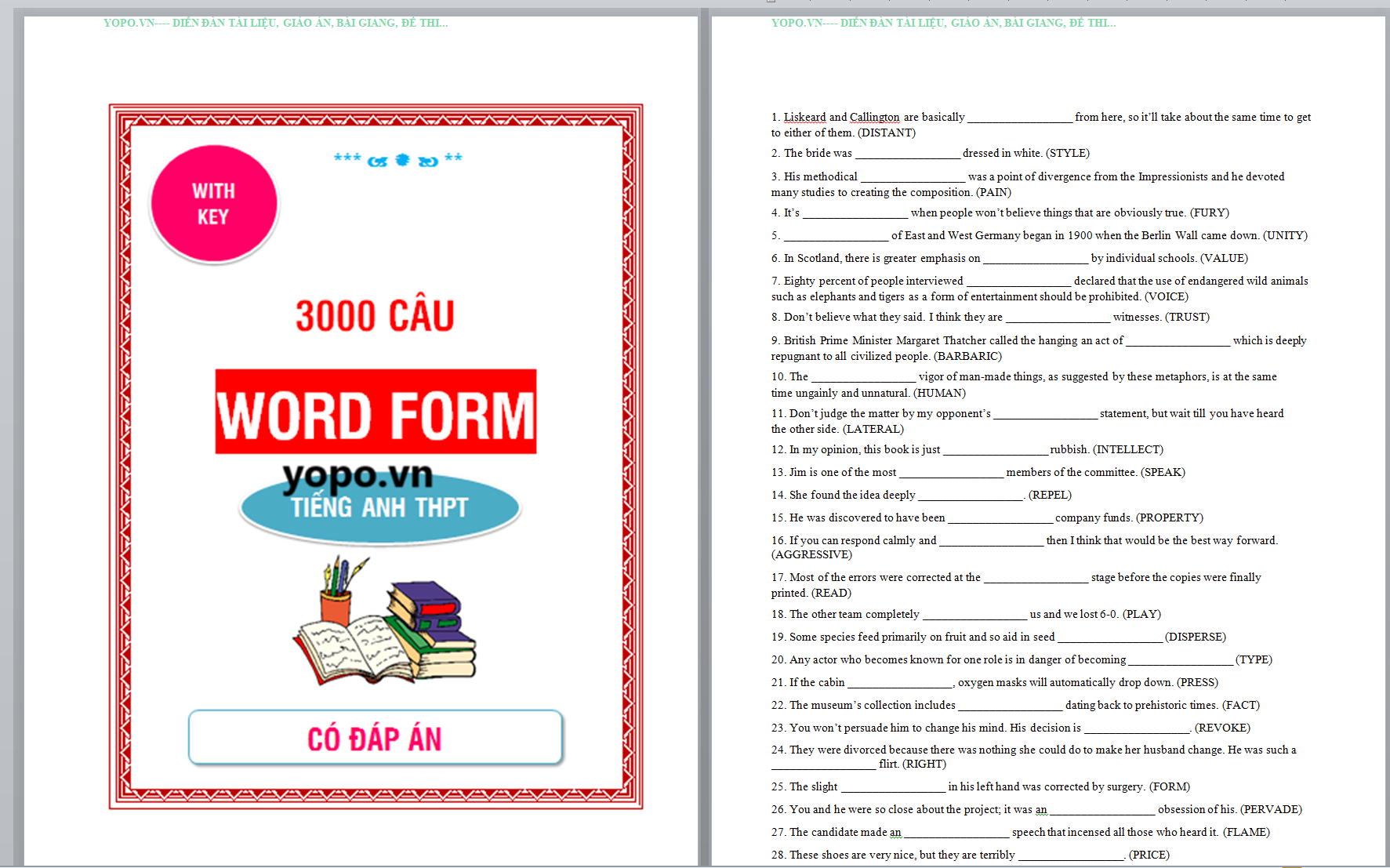 BỘ 3000 CÂU Bài tập word form có đáp an, Bài tập trắc nghiệm word form có đáp an tiếng anh THPT có KEY