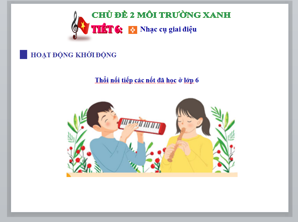 POWERPOINT GIÁO ÁN ÂM NHẠC 7 KNTT CHỦ ĐỀ 2 MÔI TRƯỜNG XANH TIẾT 6 Nhạc cụ giai điệu, Thổi nối tiếp các nốt nhạc đã học ở lớp 6