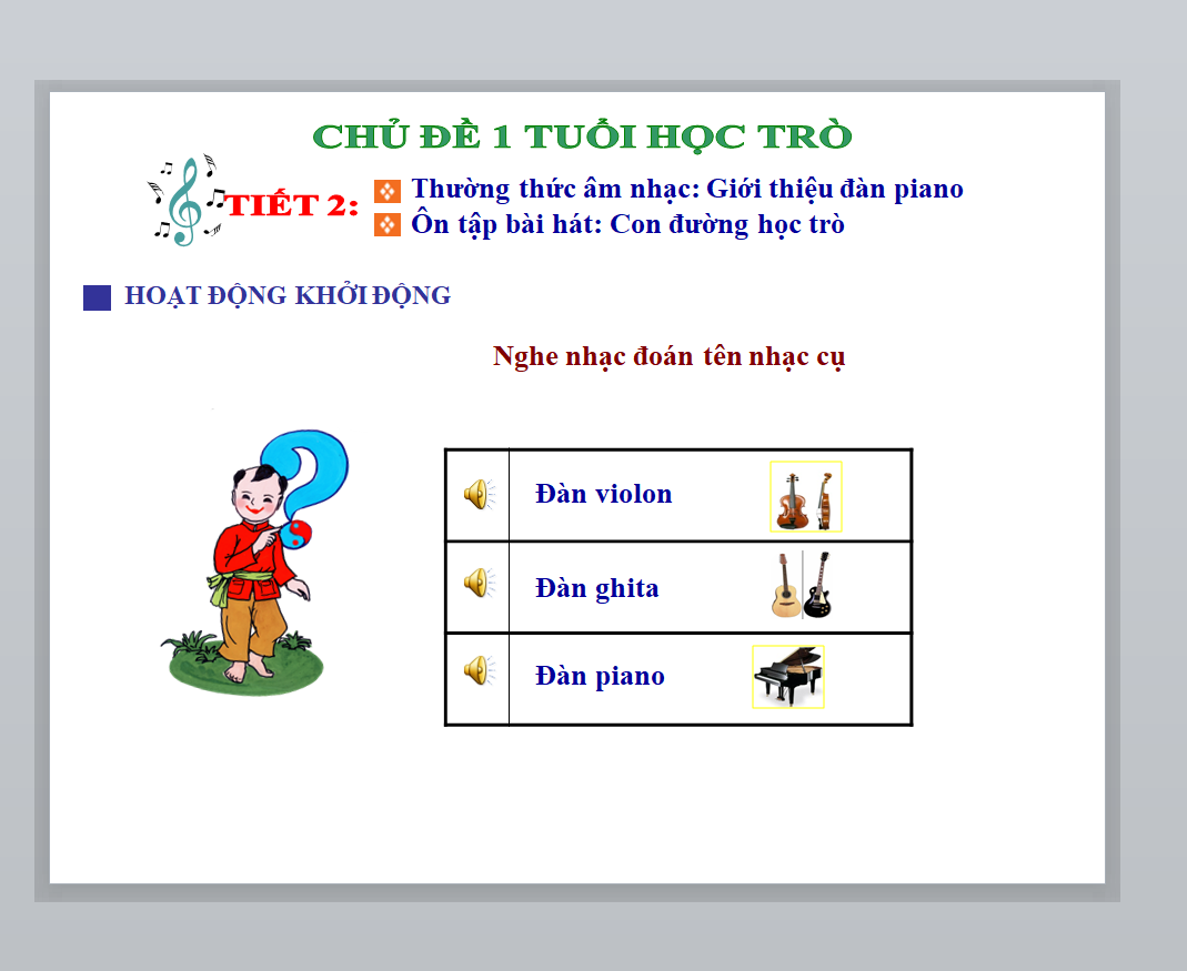 POWERPOINT Giáo án điện tử âm nhạc 6 KNTT CHỦ ĐỀ 1 TUỔI HỌC TRÒ TIẾT 2 Thường thức âm nhạc: Giới thiệu đàn piano, Ôn tập bài hát: Con đường học trò