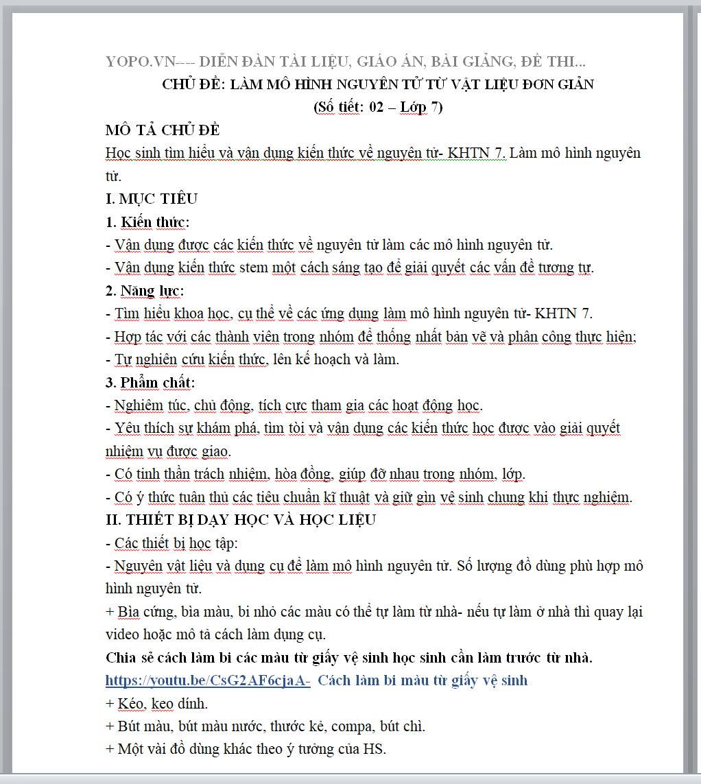 GIÁO ÁN STEM KHTN LỚP 7 MÔN HÓA CHỦ ĐỀ: LÀM MÔ HÌNH NGUYÊN TỬ TỪ VẬT LIỆU ĐƠN GIẢN (Số tiết: 02 – Lớp 7)