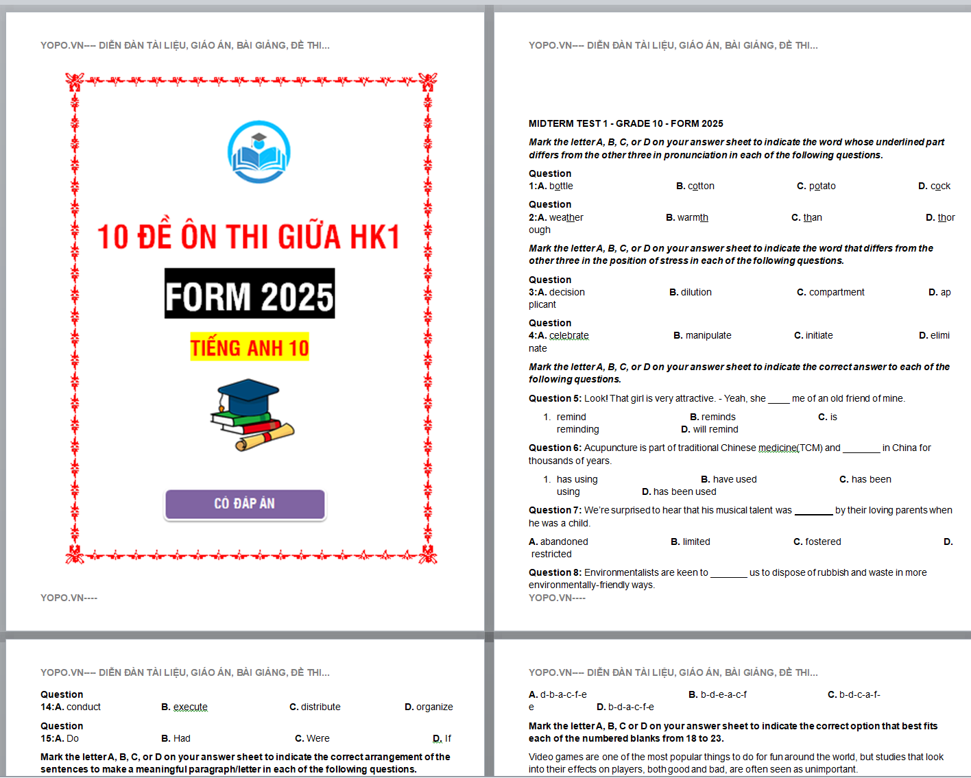 10 Đề thi giữa học kì 1 môn tiếng anh lớp 10 global success CÓ ĐÁP ÁN, KEY FORM 2025