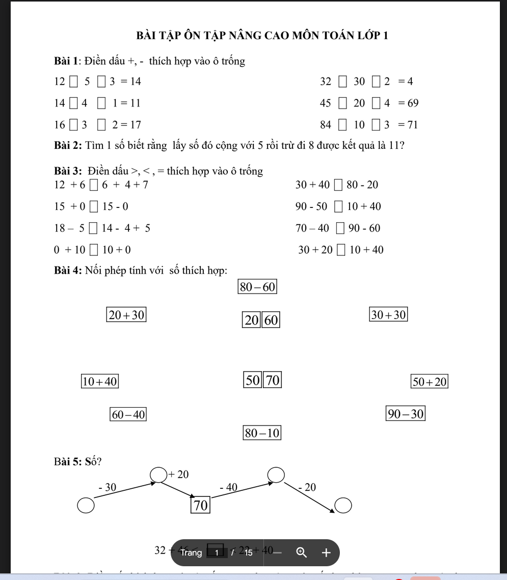 TÀI LIỆU Bài tập toán lớp 1 nâng cao có lời giải LINK DRIVE