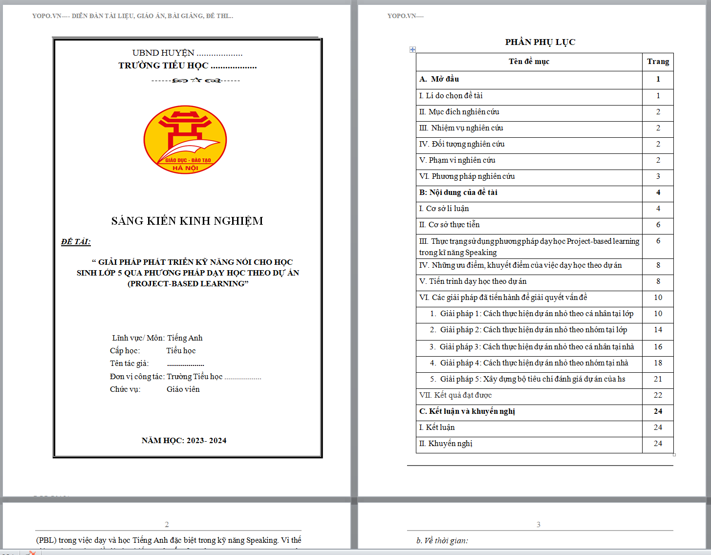 Sáng kiến kinh nghiệm Phát triển kỹ năng nói cho học sinh LỚP 5 qua phương pháp dạy học theo dự án (PROJECT-BASED LEARNING) NĂM 2023-2024