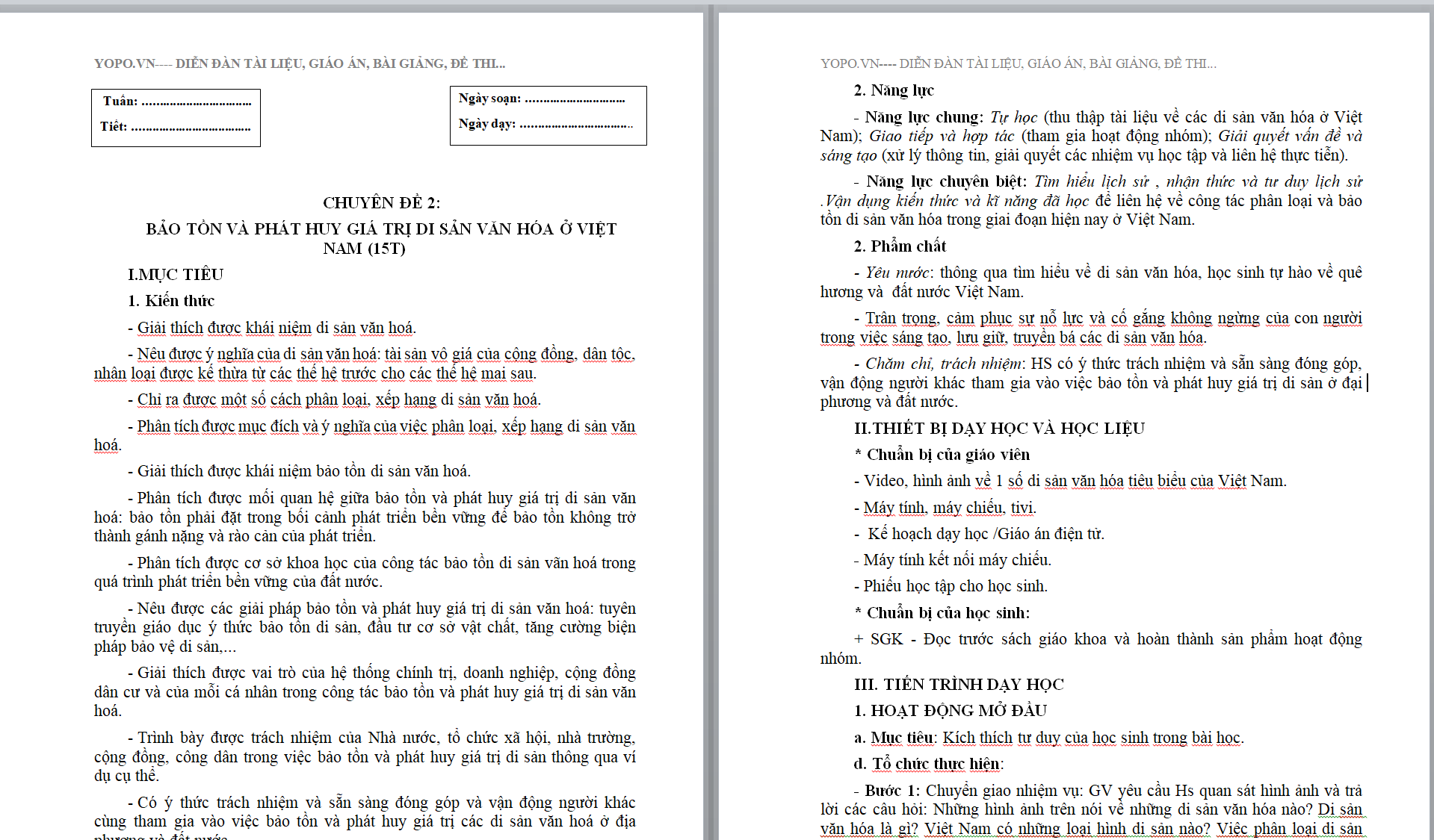 WORD GIÁO ÁN CHUYÊN ĐỀ Lịch sử lớp 10 CÁNH DIỀU - Chuyên đề 2 : Bảo tồn và phát huy giá trị di sản Việt Nam