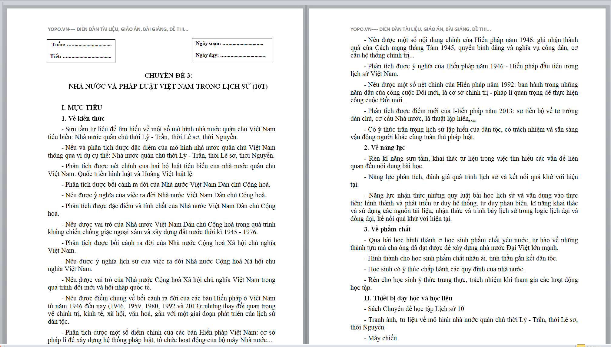 word GIÁO ÁN Chuyên đề Lịch Sử 10 Chuyên đề 3: Nhà nước và pháp luật trong lịch sử Việt Nam sách Cánh diều