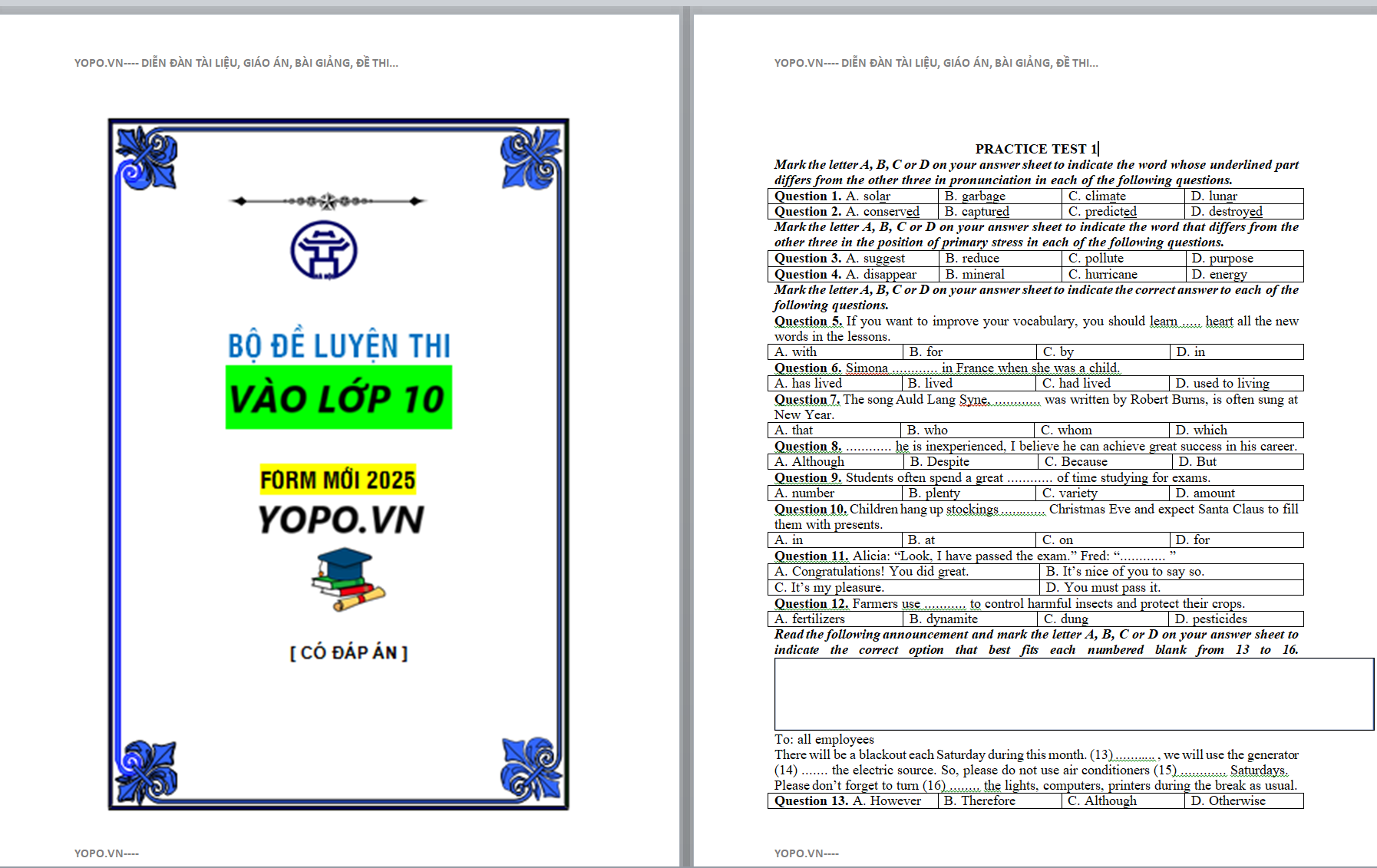 Bộ đề luyện thi vào lớp 10 môn tiếng anh FORM 2025-2026 CÓ KEY FILE WORD, SẠCH 100%