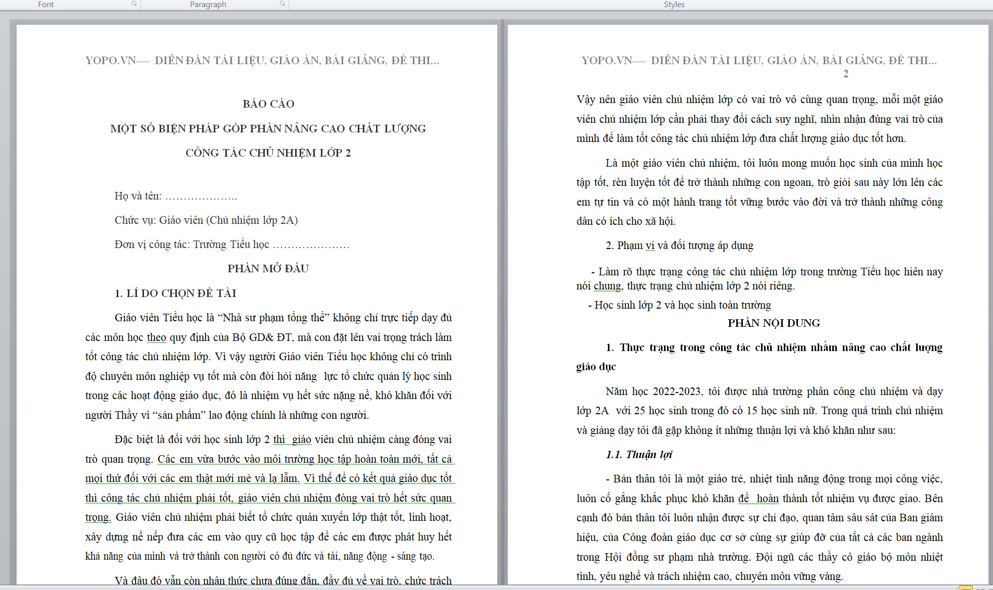 BÁO CÁO MỘT SỐ BIỆN PHÁP GÓP PHẦN NÂNG CAO CHẤT LƯỢNG CÔNG TÁC CHỦ NHIỆM LỚP 2 NĂM 2022-2023