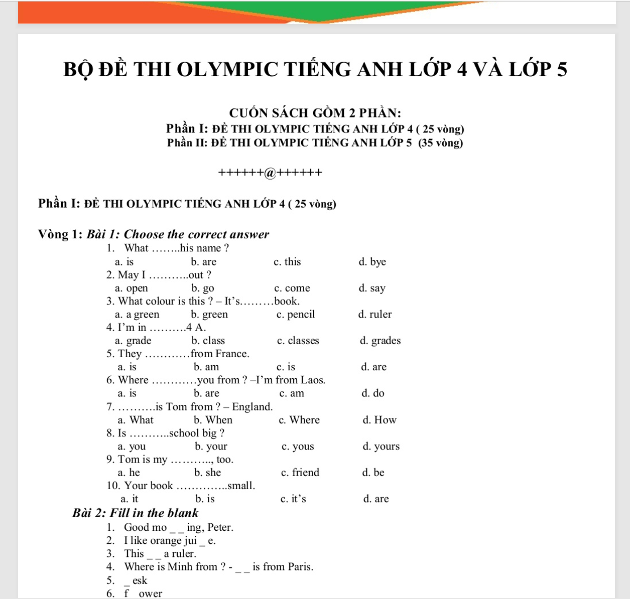 BỘ Đề thi violympic tiếng anh lớp 4 - 5 CÓ ĐÁP ÁN LINK DRIVE