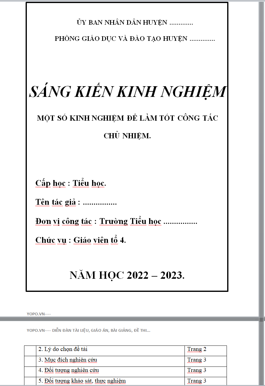 SÁNG KIẾN KINH NGHIỆM MỘT SỐ KINH NGHIỆM ĐỂ LÀM TỐT CÔNG TÁC CHỦ NHIỆM LỚP 4 NĂM 2022-2023