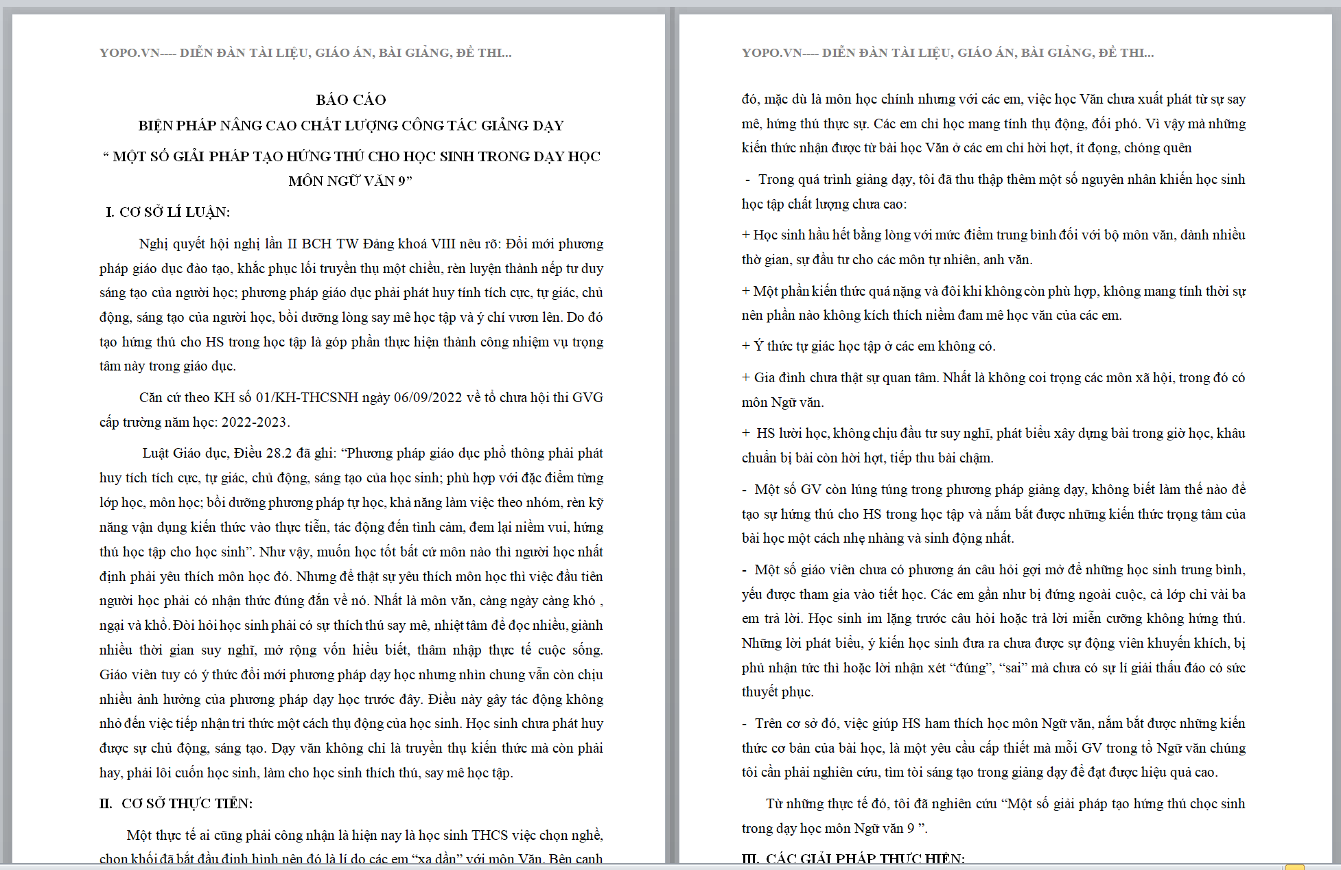 BÁO CÁO BIỆN PHÁP NÂNG CAO CHẤT LƯỢNG CÔNG TÁC GIẢNG DẠY "MỘT SỐ GIẢI PHÁP TẠO HỨNG THÚ CHO HỌC SINH TRONG DẠY HỌC MÔN NGỮ VĂN 9”