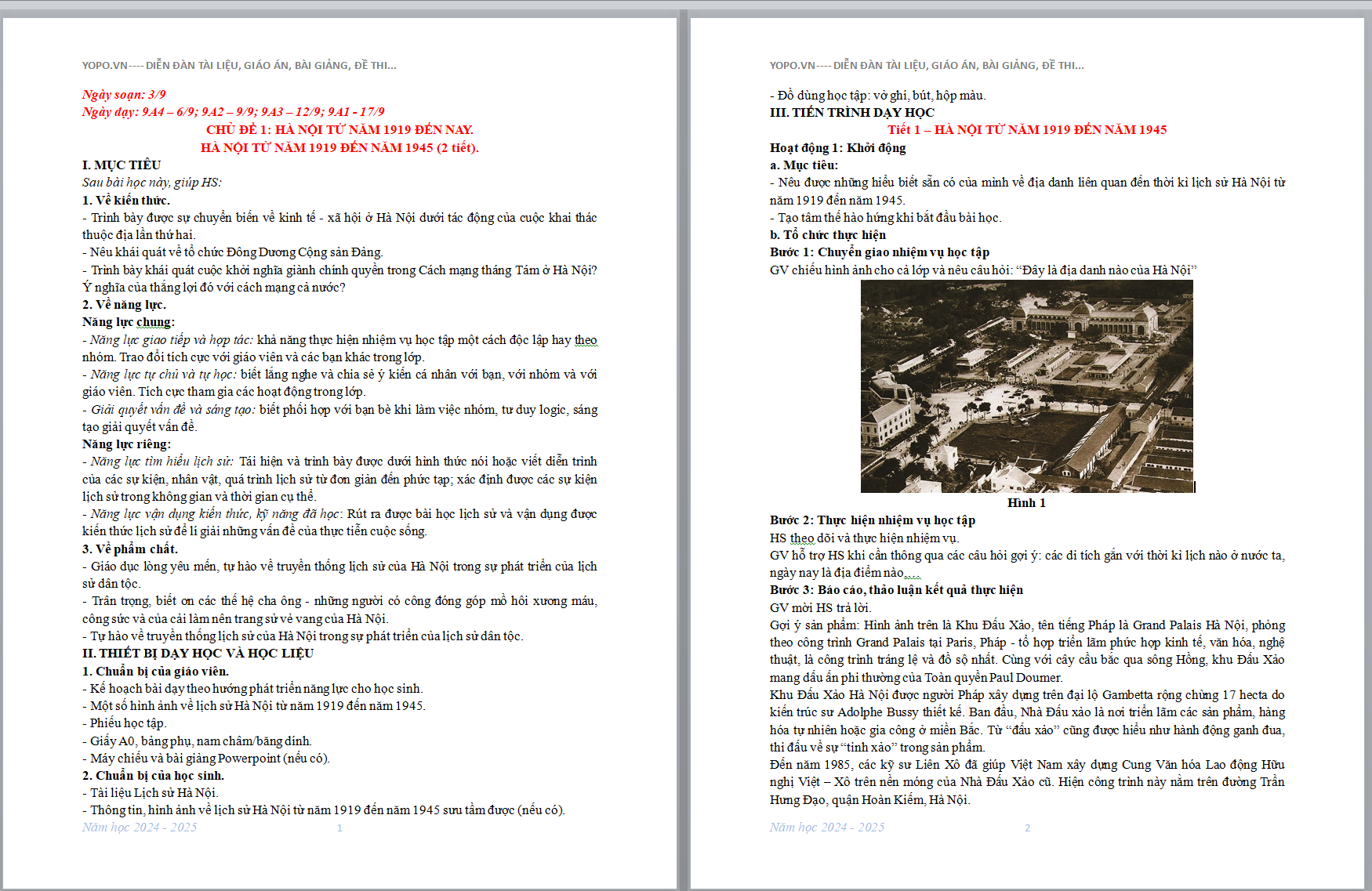 WORD GIÁO ÁN GIÁO DỤC ĐỊA PHƯƠNG LỚP 9 HÀ NỘI CHỦ ĐỀ 1: HÀ NỘI TỪ NĂM 1919 ĐẾN NAY. HÀ NỘI TỪ NĂM 1919 ĐẾN NĂM 1945 (2 tiết) * TIẾT 1,2,3