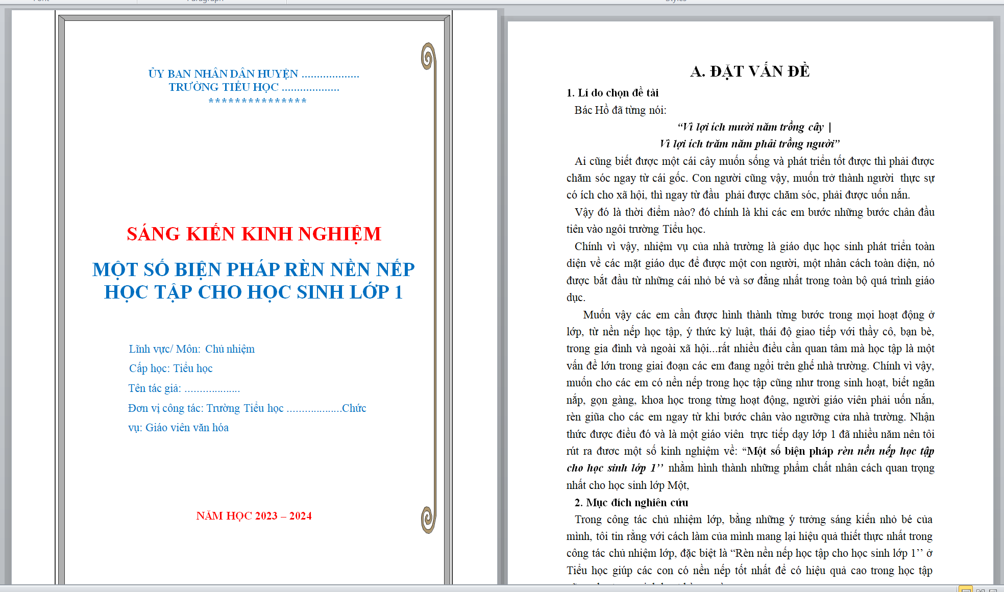 WORD SÁNG KIẾN KINH NGHIỆM MỘT SỐ BIỆN PHÁP RÈN NỀN NẾP HỌC TẬP CHO HỌC SINH LỚP 1 NĂM 2023-2024