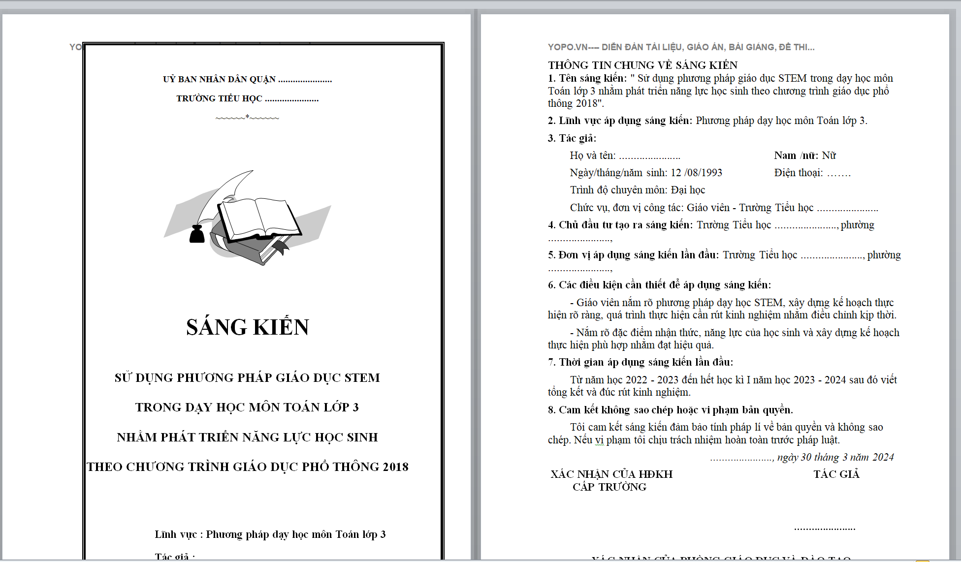 SKKN'' Sử dụng phương pháp giáo dục STEM trong dạy học môn Toán lớp 3 nhằm phát triển năng lực học sinh theo chương trình giáo dục phổ thông 2018