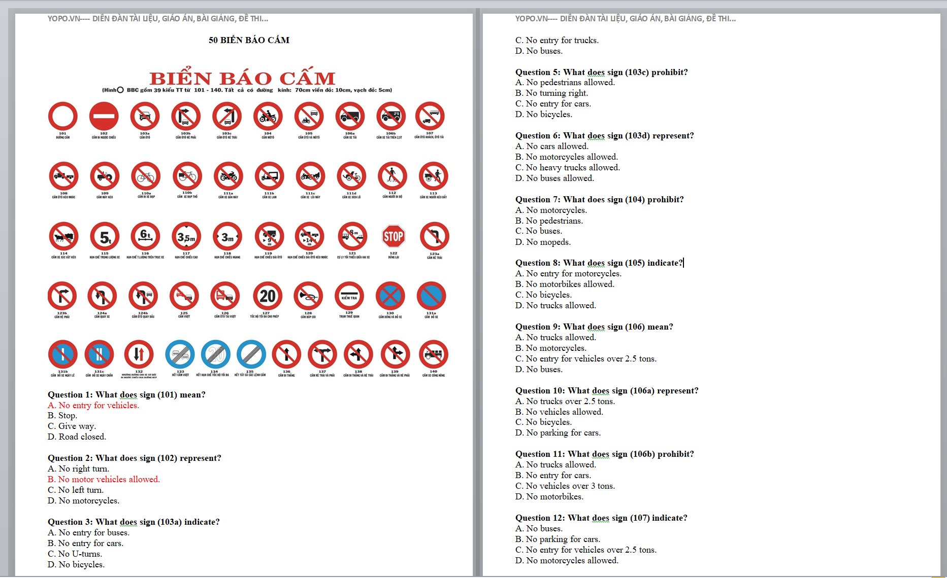 TÀI LIỆU 50 Các câu hỏi trắc nghiệm về biển báo giao thông * 50 BIỂN BÁO CẤM có key