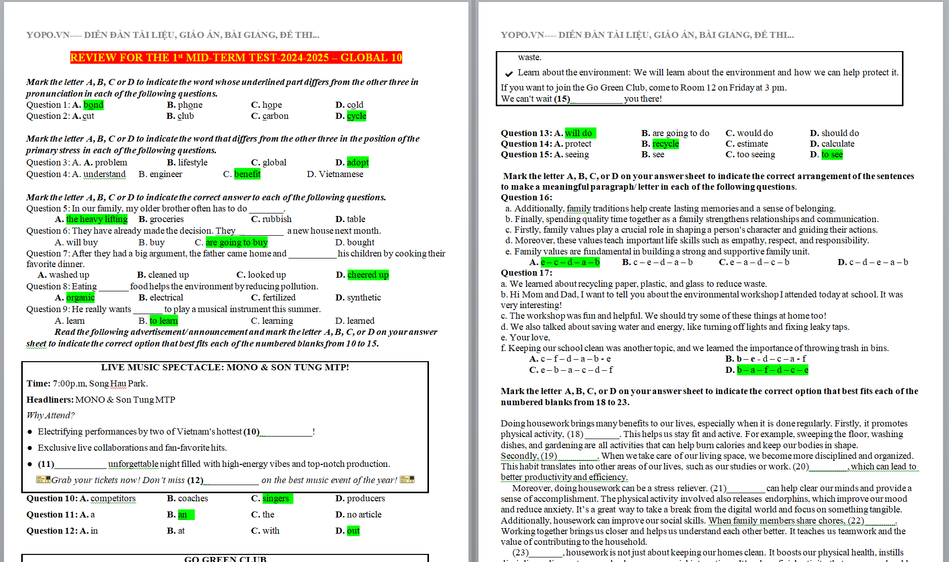 Đề cương ôn giữa học kì 1 tiếng anh 10 global success * REVIEW FOR THE 1st MID-TERM TEST-2024-2025 – GLOBAL 10