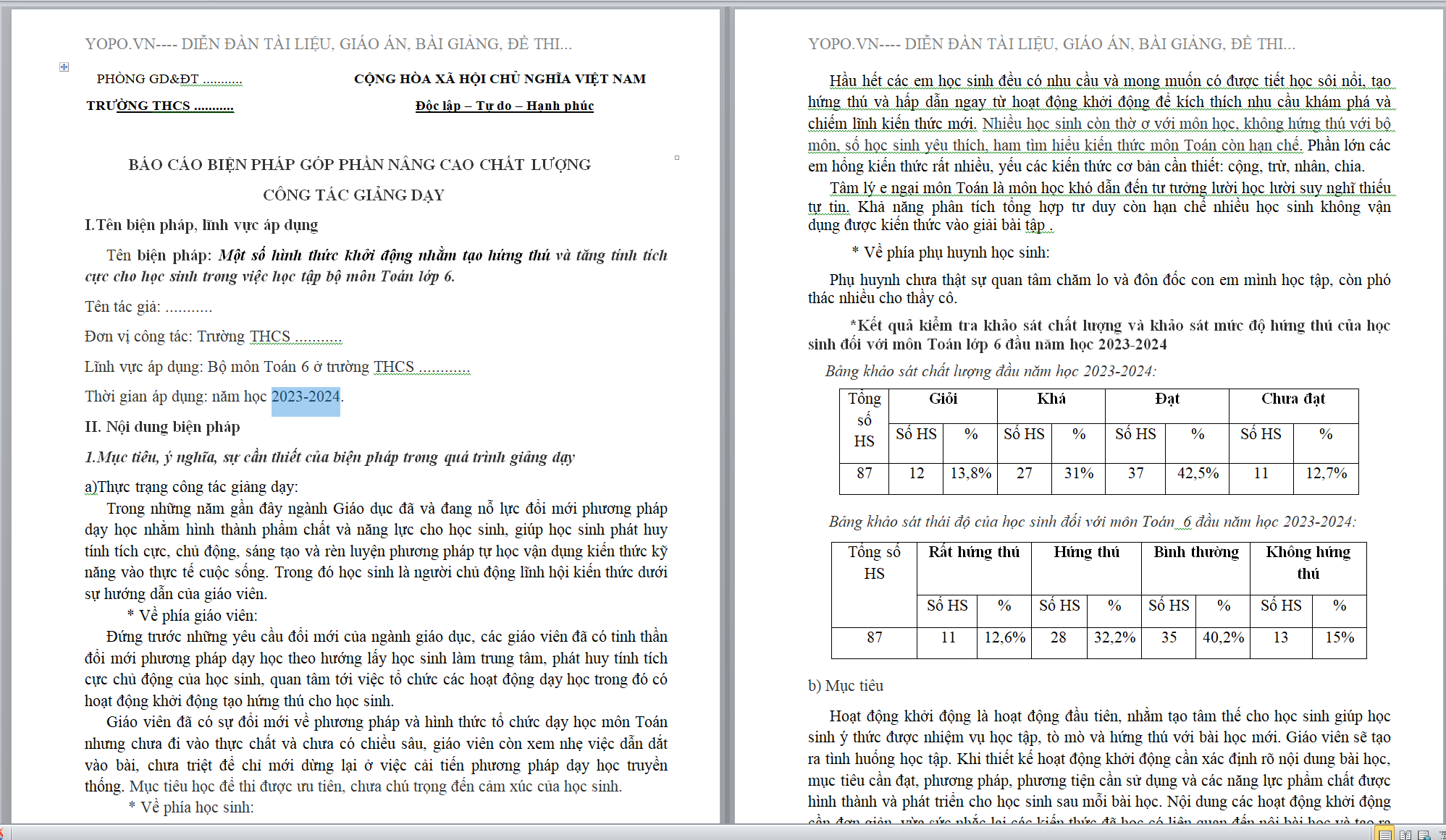 WORD Biện pháp: Một số hình thức khởi động nhằm tạo hứng thú và tăng tính tích cực cho học sinh trong việc học tập bộ môn Toán lớp 6 NĂM 2023-2024