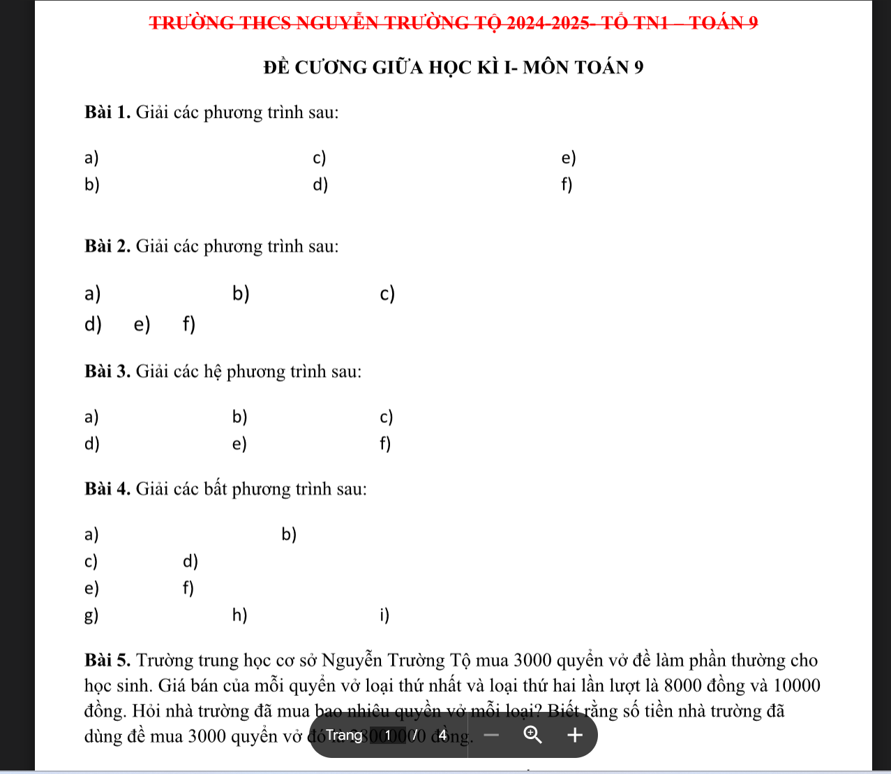 Bản Word: Để cương HK1- Toán 9- trường Nguyễn Trường Tộ NĂM 2024-2025 LINK DRIVE