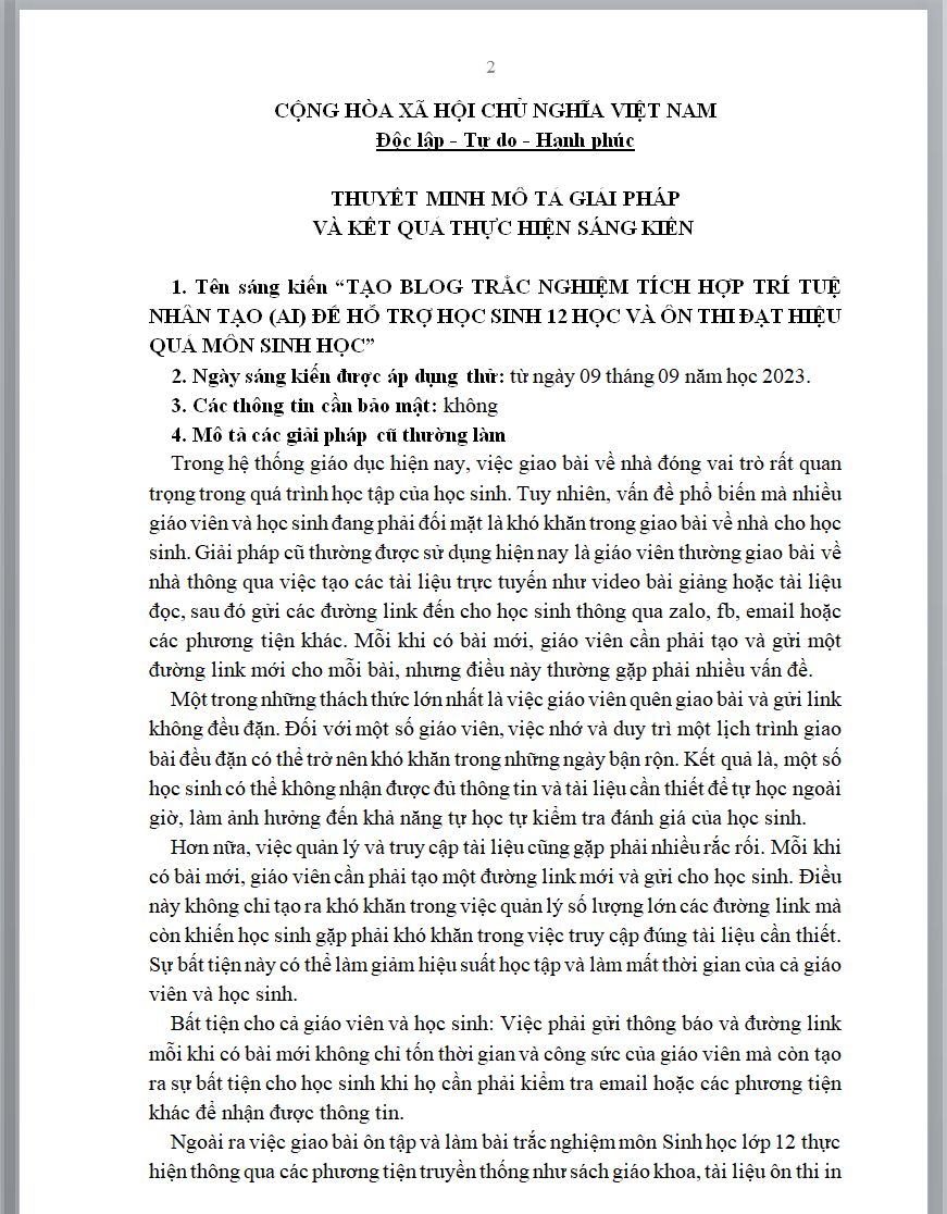 WORD SÁNG KIẾN KINH NGHIỆM “TẠO BLOG TRẮC NGHIỆM TÍCH HỢP TRÍ TUỆ NHÂN TẠO (AI) ĐỂ HỖ TRỢ HỌC SINH 12 HỌC VÀ ÔN THI ĐẠT HIỆU QUẢ MÔN SINH HỌC” 2024