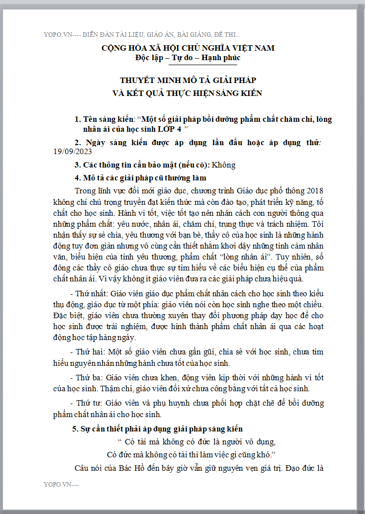 WORD SÁNG KIẾN KINH NGHIỆM Một số giải pháp bồi dưỡng phẩm chất chăm chỉ, lòng nhân ái của học sinh LỚP 4 NĂM HỌC 2023-2024