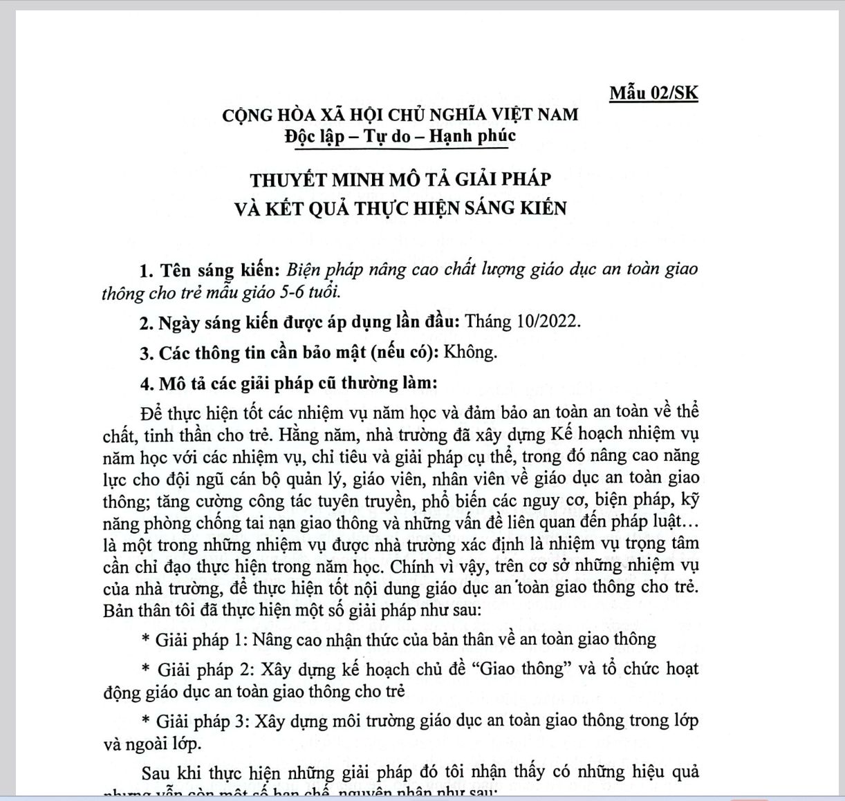 SCAN FILE BIỆN PHÁP NÂNG CAO CHẤT LƯỢNG GIÁO DỤC AN TOÀN GIAO THÔNG CHO TRẺ MẪU GIÁO TỪ 5-6 TUỔI NĂM 2022-2023 * KHÔNG CÓ TRÊN MẠNG