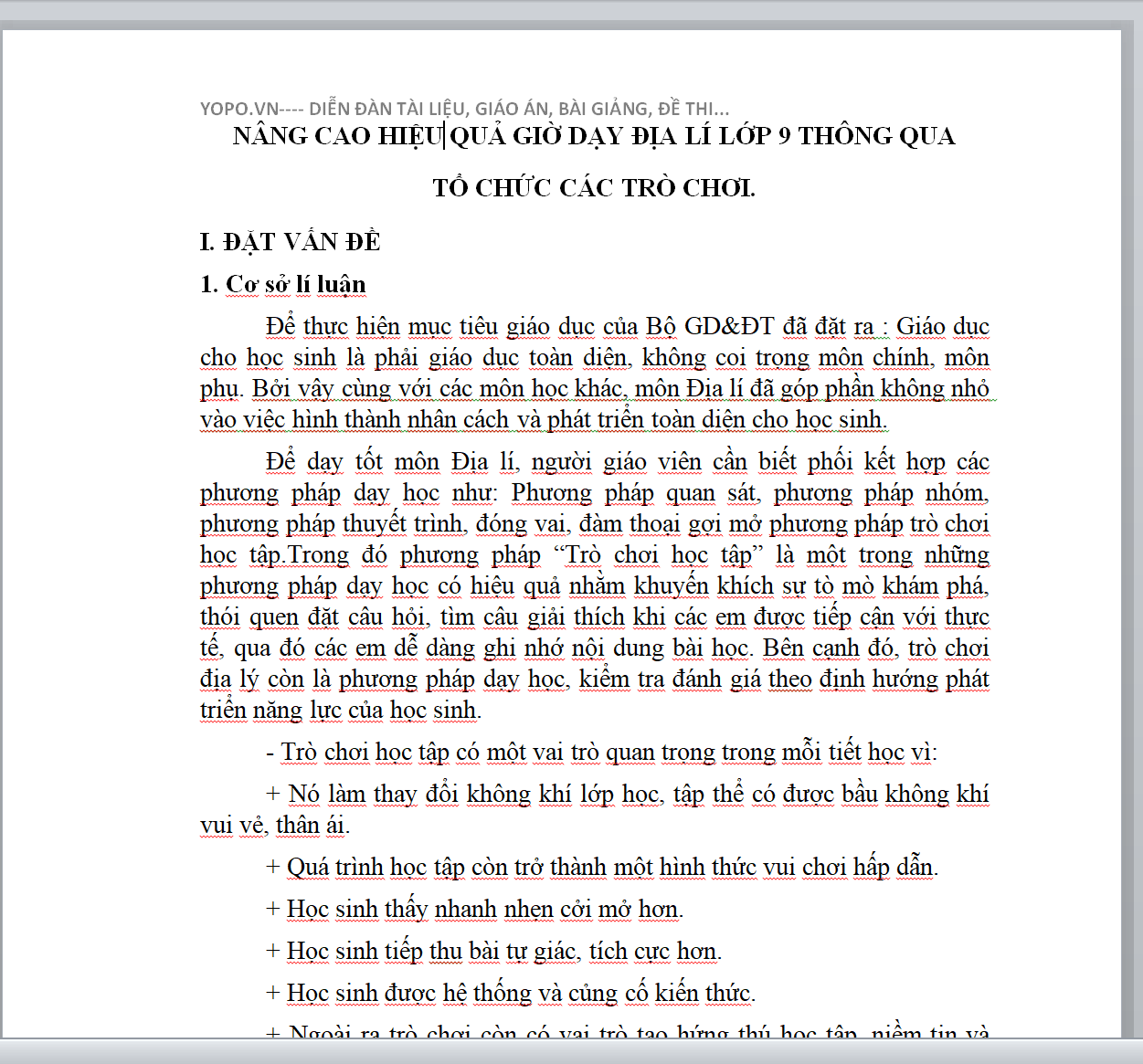 WORD NÂNG CAO HIỆU QUẢ GIỜ DẠY ĐỊA LÍ LỚP 9 THÔNG QUA TỔ CHỨC CÁC TRÒ CHƠI.